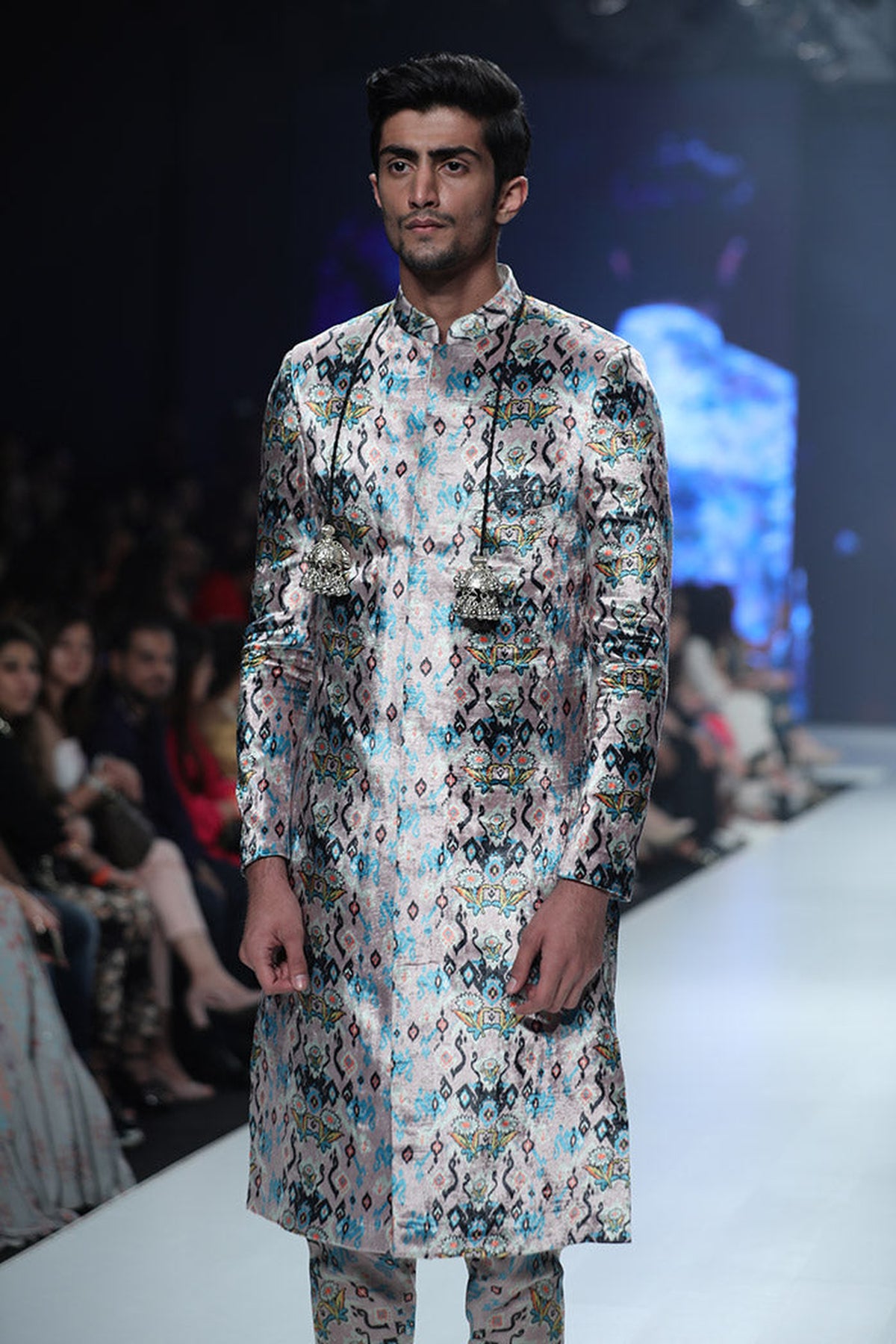 AZAM PINK PRINTED VELVET SHERWANI WITH SILKMUL CHURIDAR