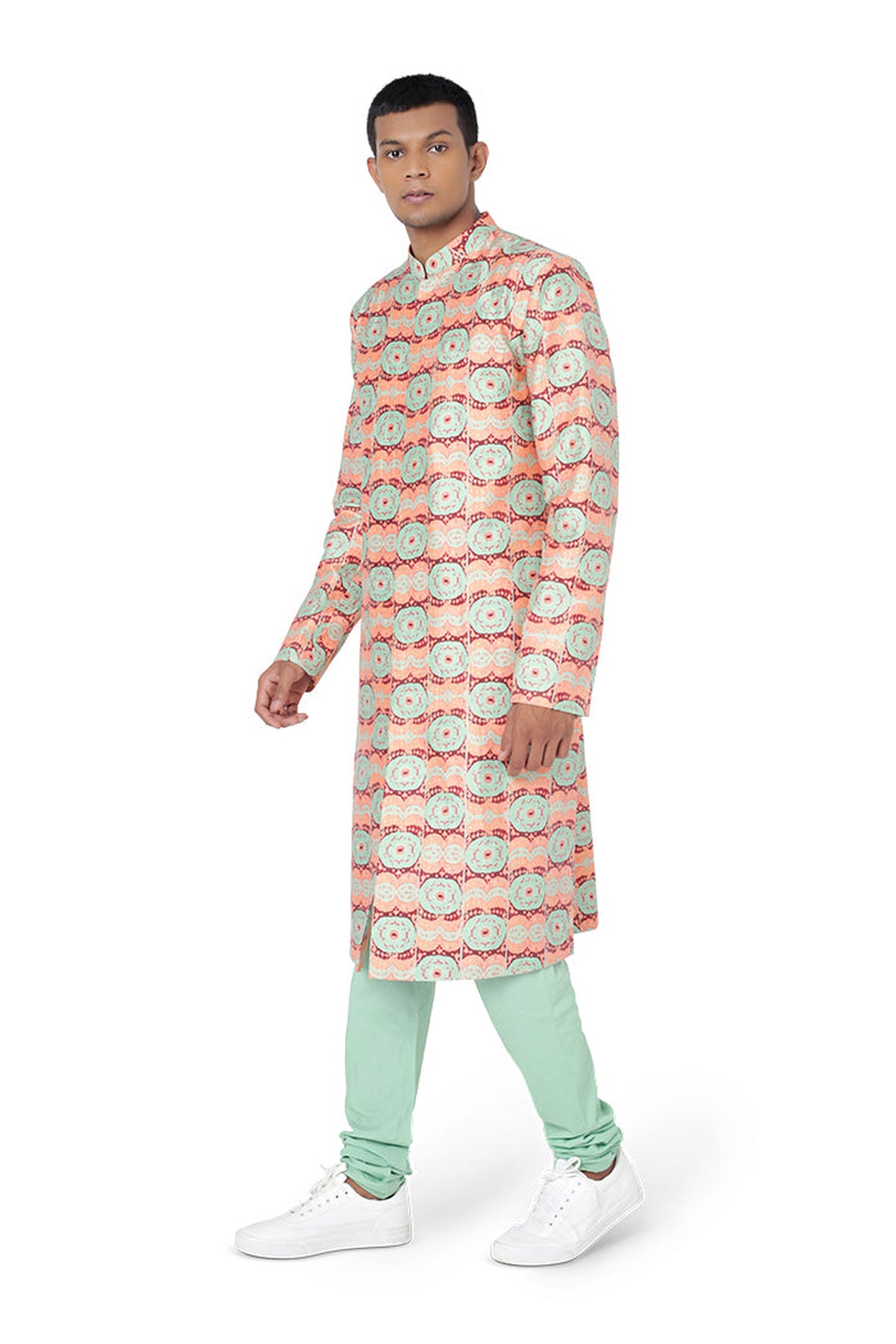 CORAL COLOUR PRINTED DUPION SILK SHERWANI AND MINT COLOUR COTTON SILK CHURIDAR