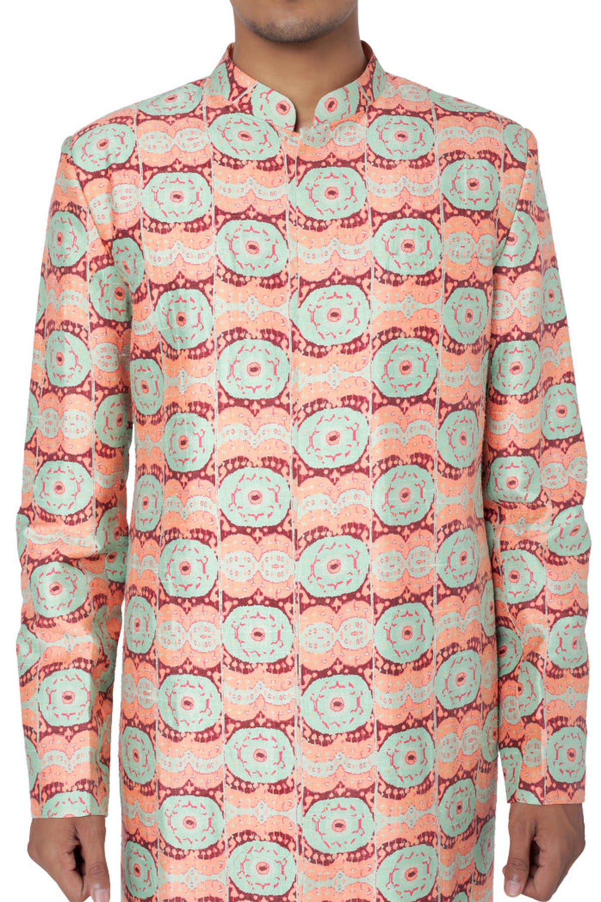 CORAL COLOUR PRINTED DUPION SILK SHERWANI AND MINT COLOUR COTTON SILK CHURIDAR