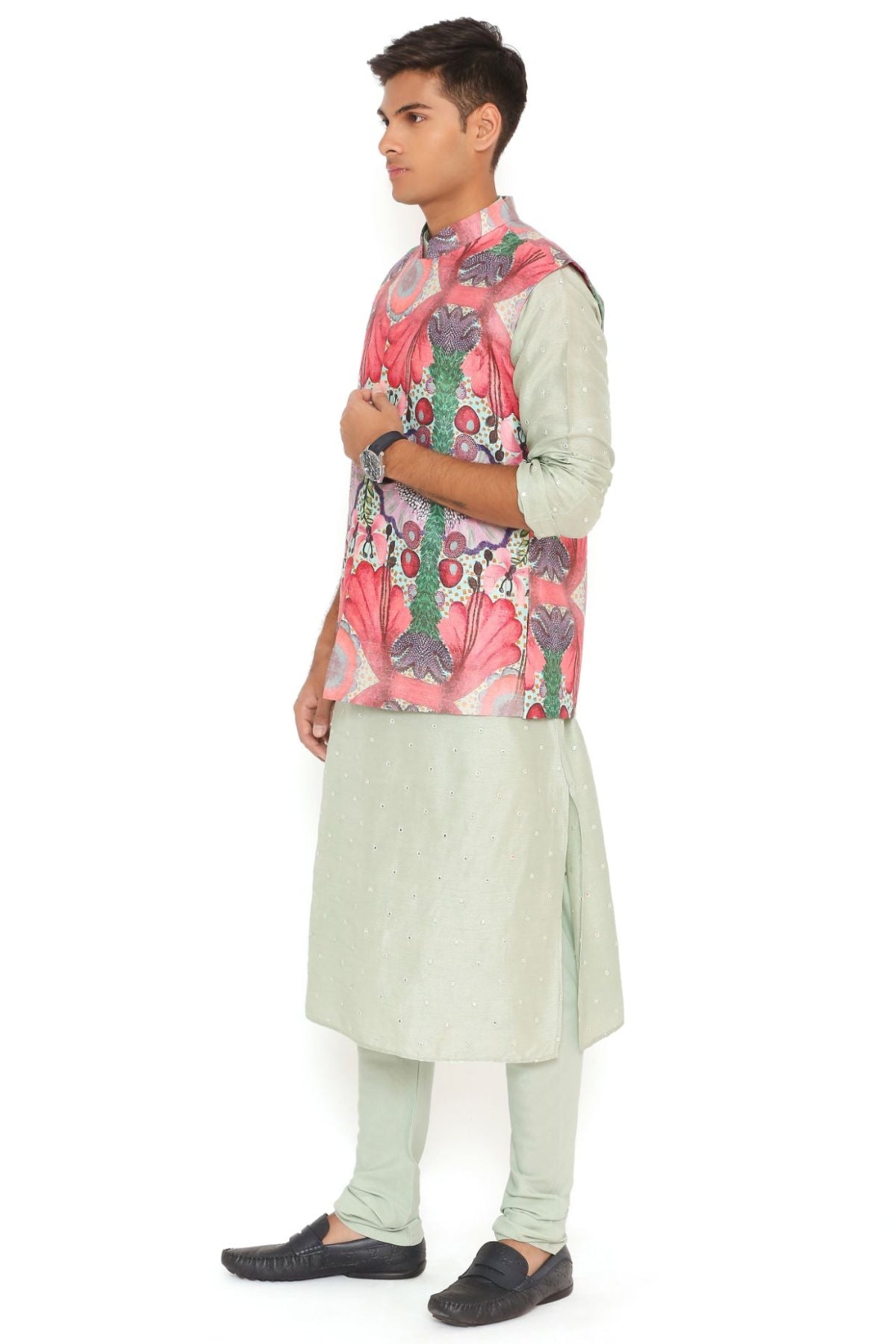 RED ENCHANTED PRINT DUPION SILK BANDI WITH MINT ABLA SILK KURTA AND COTTON SILK CHURIDAR