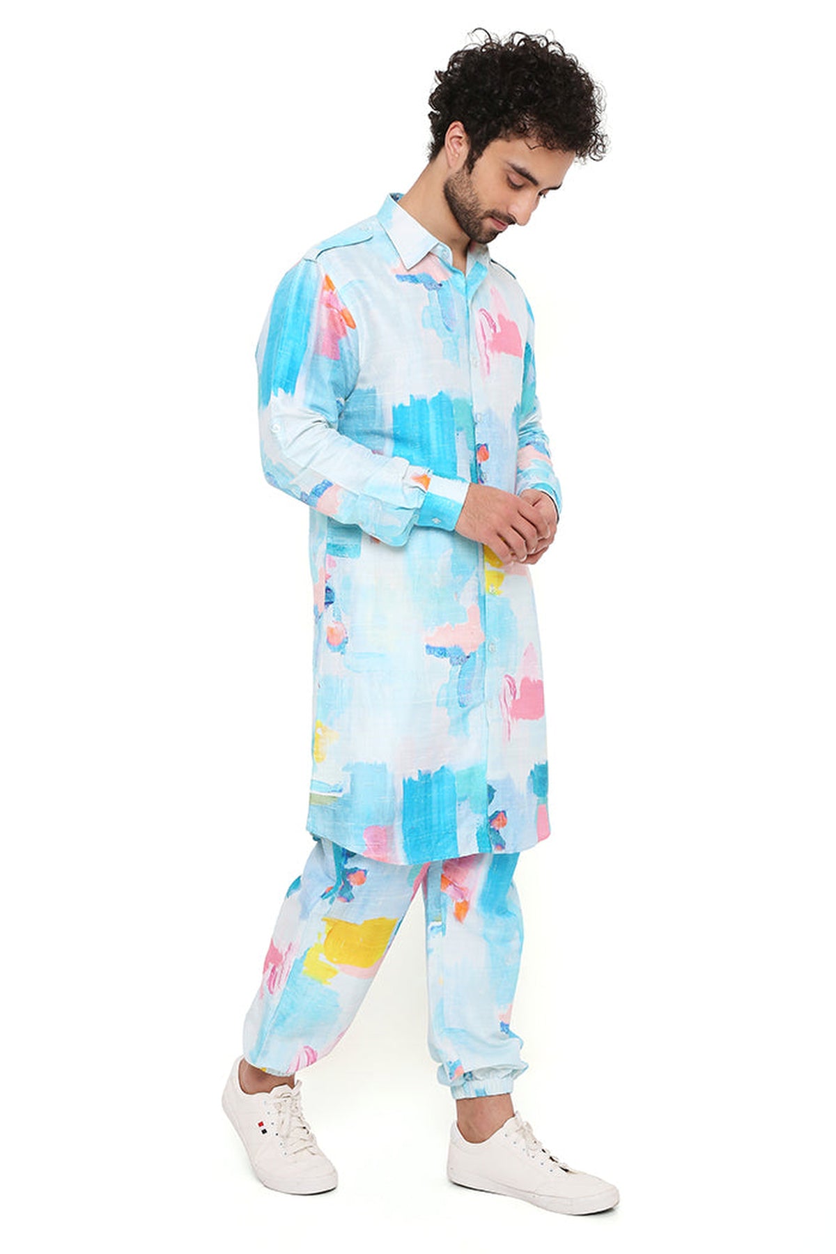 GUSTAV PAINTERLY PRINT DUPION SILK PATHANI KURTA WITH JOGGER PANT