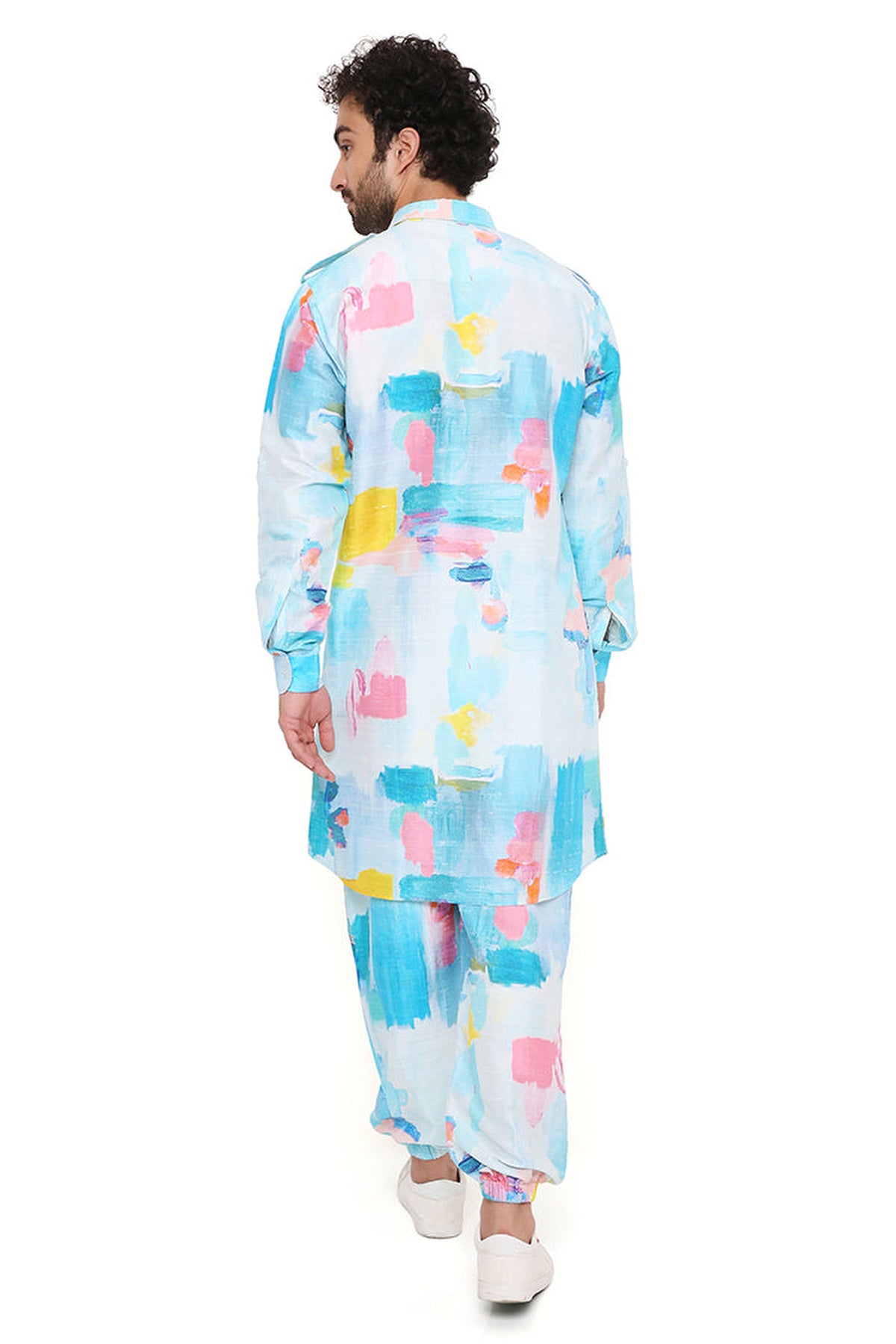 GUSTAV PAINTERLY PRINT DUPION SILK PATHANI KURTA WITH JOGGER PANT