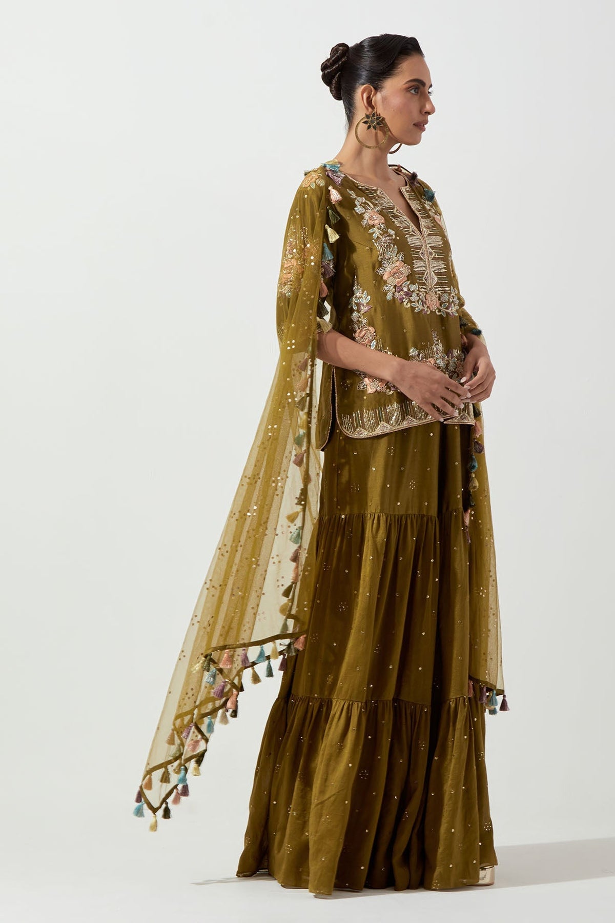 Olive Greenembroidered Short Kurta And Frill Sharara With Mukaish Net Dupatta