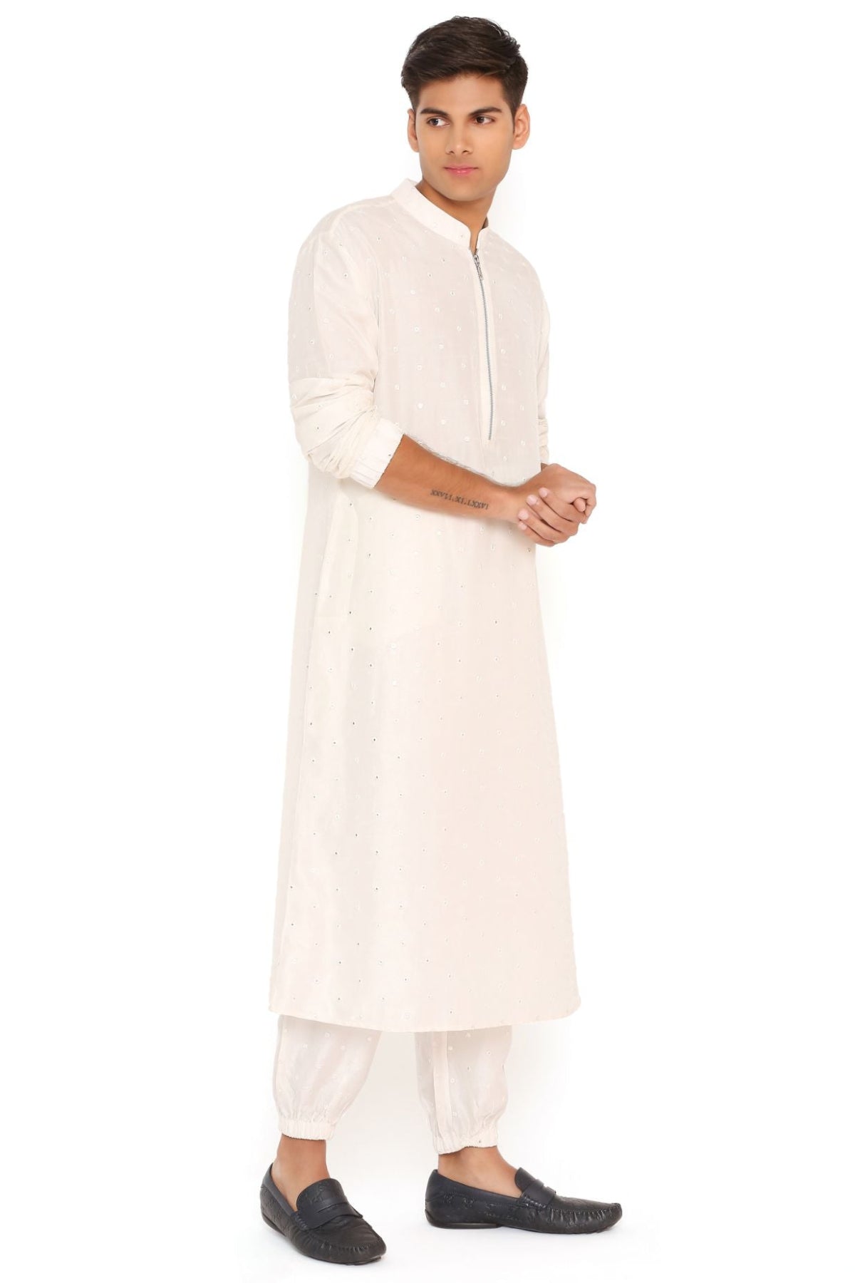 CHALK WHITE ABLA SILK BOMBER KURTA WITH JOGGER PANT