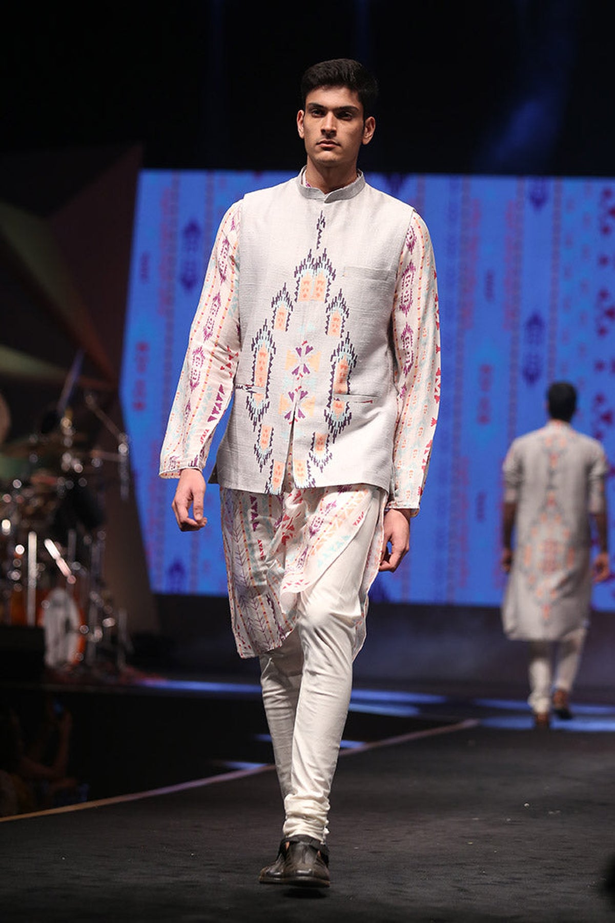 ZAHEER CREAM PRINTED SILKMUL KURTA WITH GREY PRINTED DUPION SILK BANDI AND OFF-WHITE COTTON SILK CHURIDAR