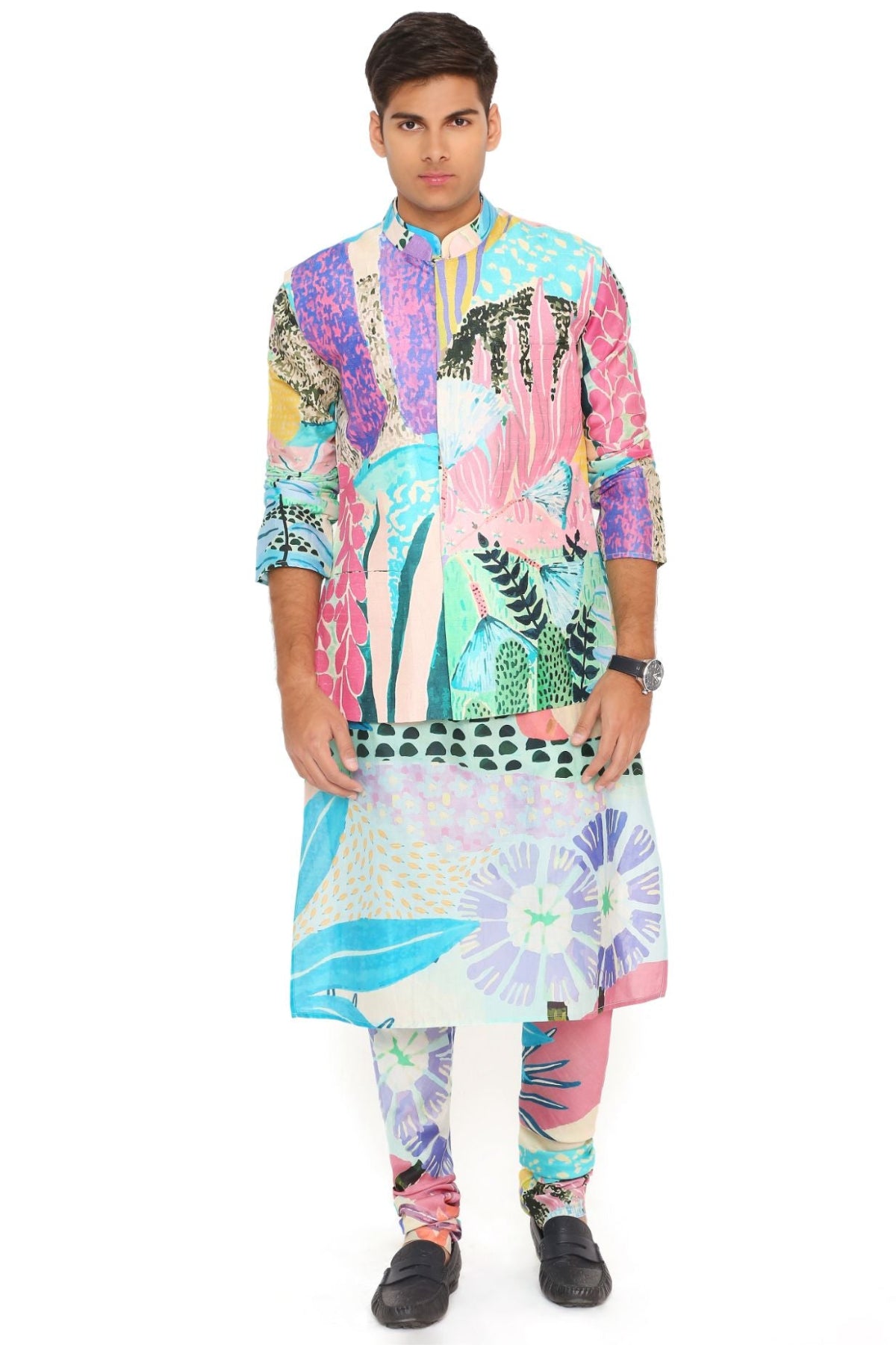 AQUA TROPICAL PRINT DUPION SILK BANDI WITH SILKMUL KURTA AND CHURIDAR