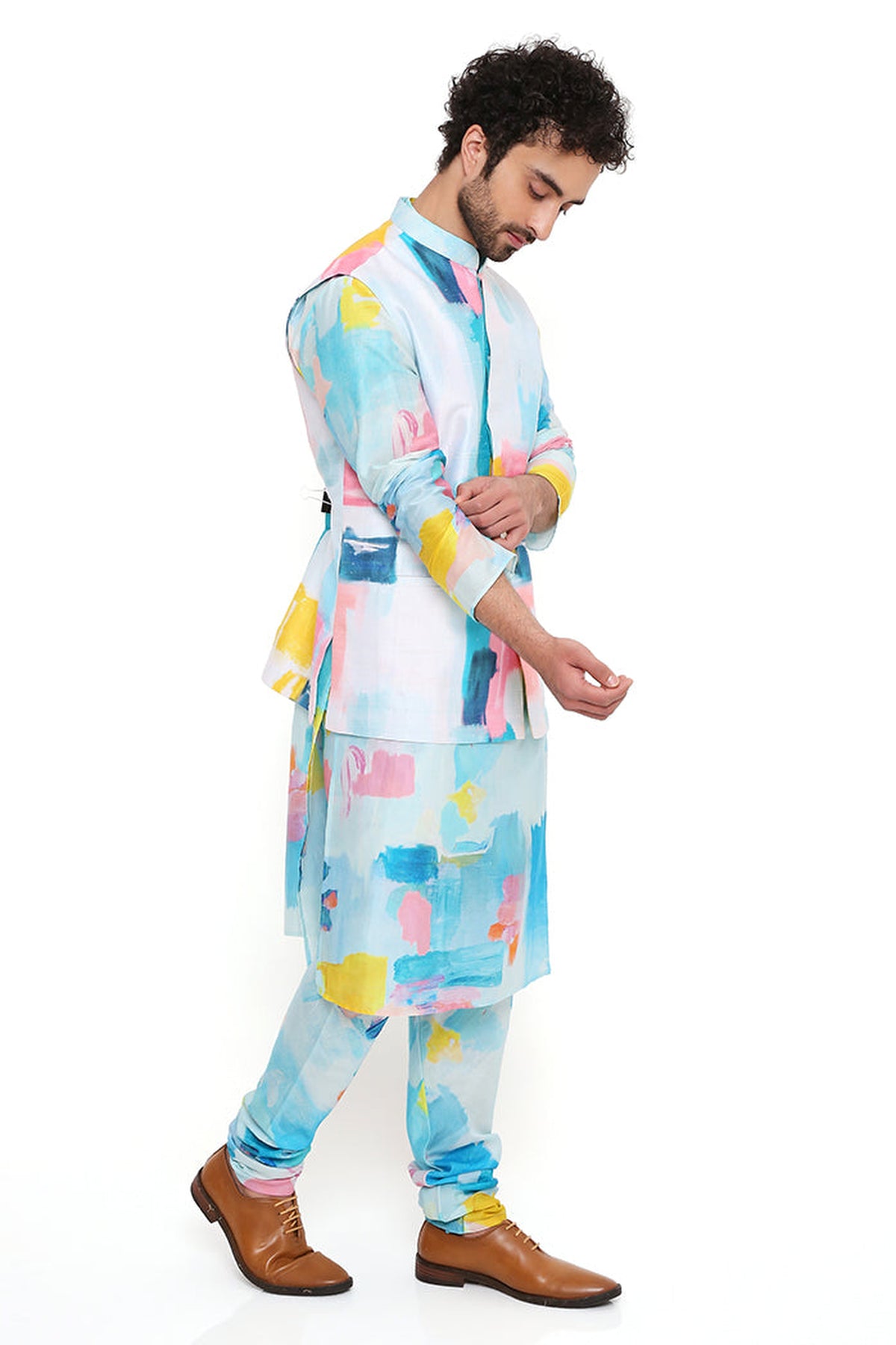 PAINTERLY PRINT DUPION SILK BANDI WITH SILKMUL KURTA AND CHURIDAR