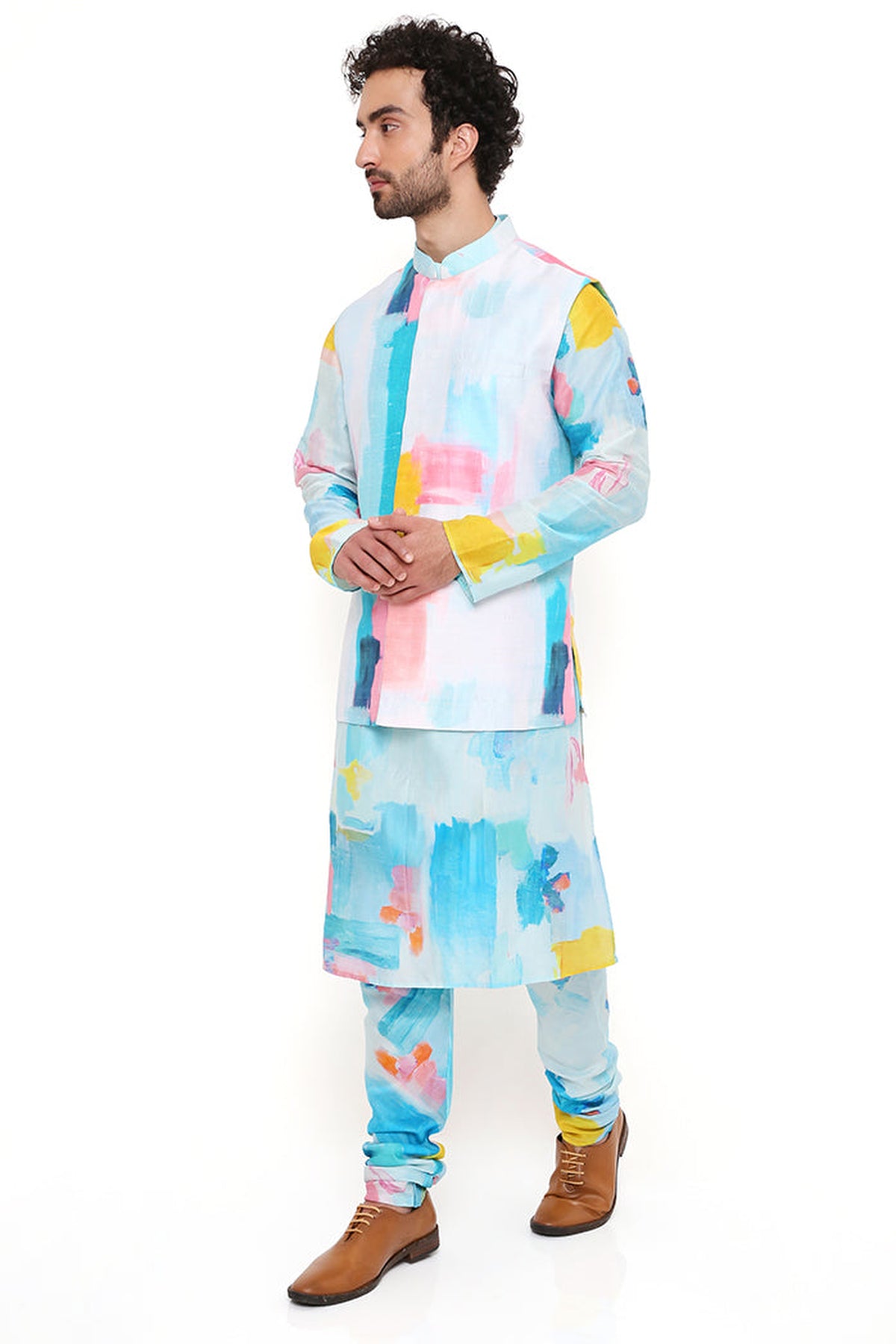 PAINTERLY PRINT DUPION SILK BANDI WITH SILKMUL KURTA AND CHURIDAR