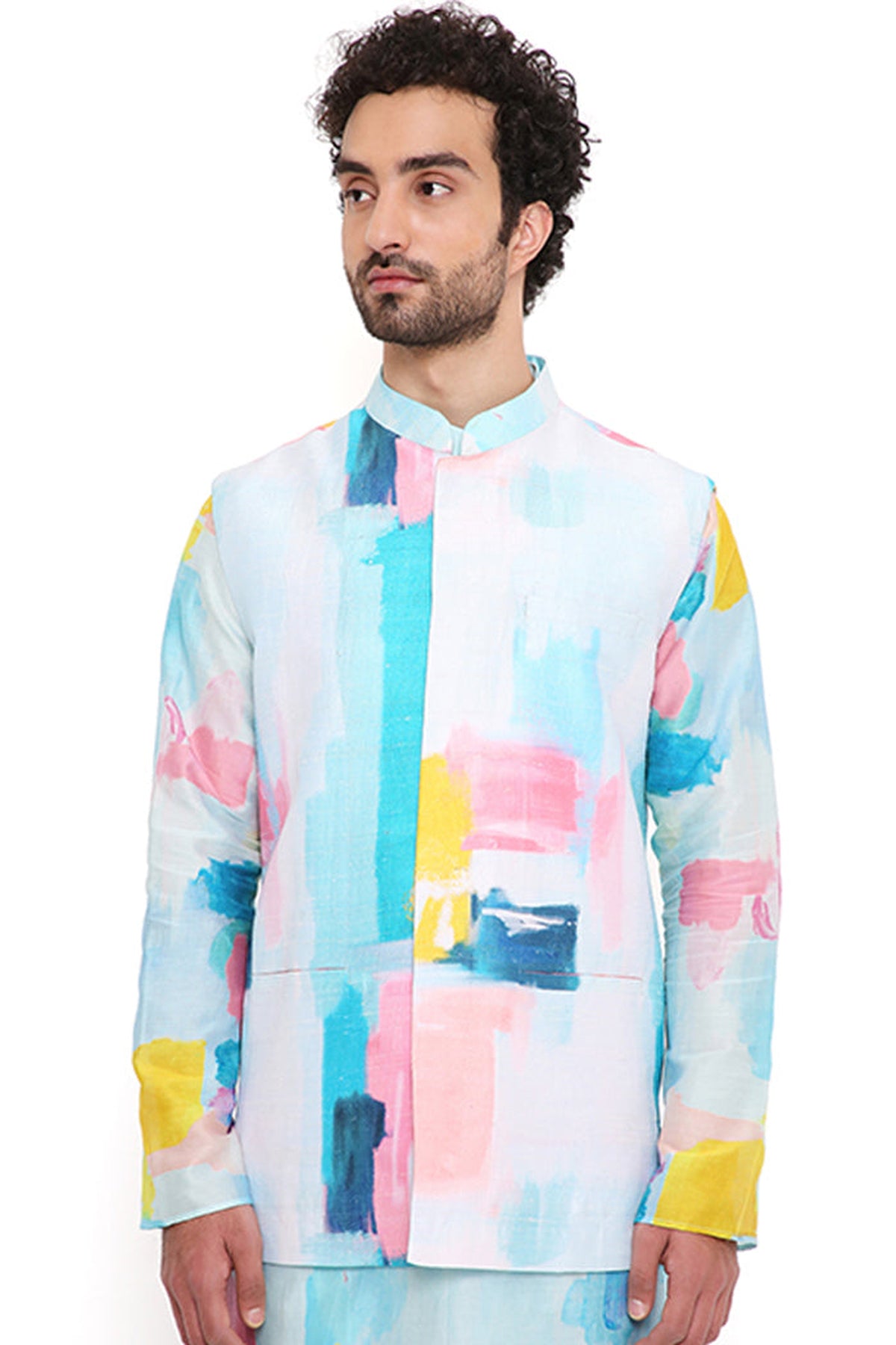 PAINTERLY PRINT DUPION SILK BANDI WITH SILKMUL KURTA AND CHURIDAR