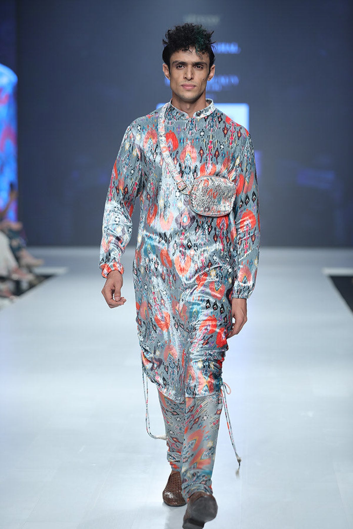 AZIZ BLUE PRINTED VELVET KURTA AND SILKMUL CHURIDAR