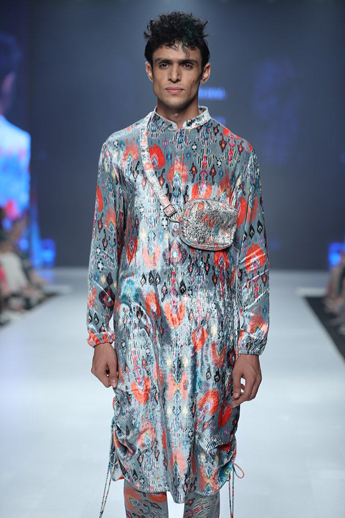 AZIZ BLUE PRINTED VELVET KURTA AND SILKMUL CHURIDAR
