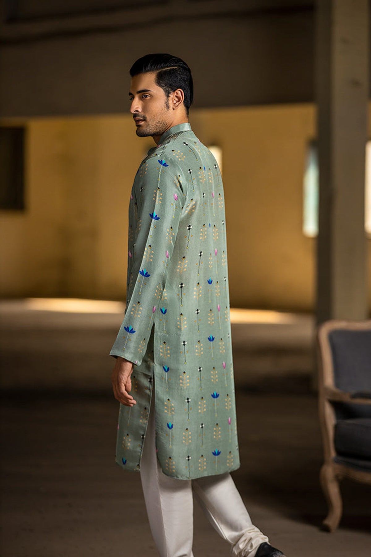 MINT PRINTED SILK KURTA WITH OFF WHITE COTTON SILK CHURIDAR