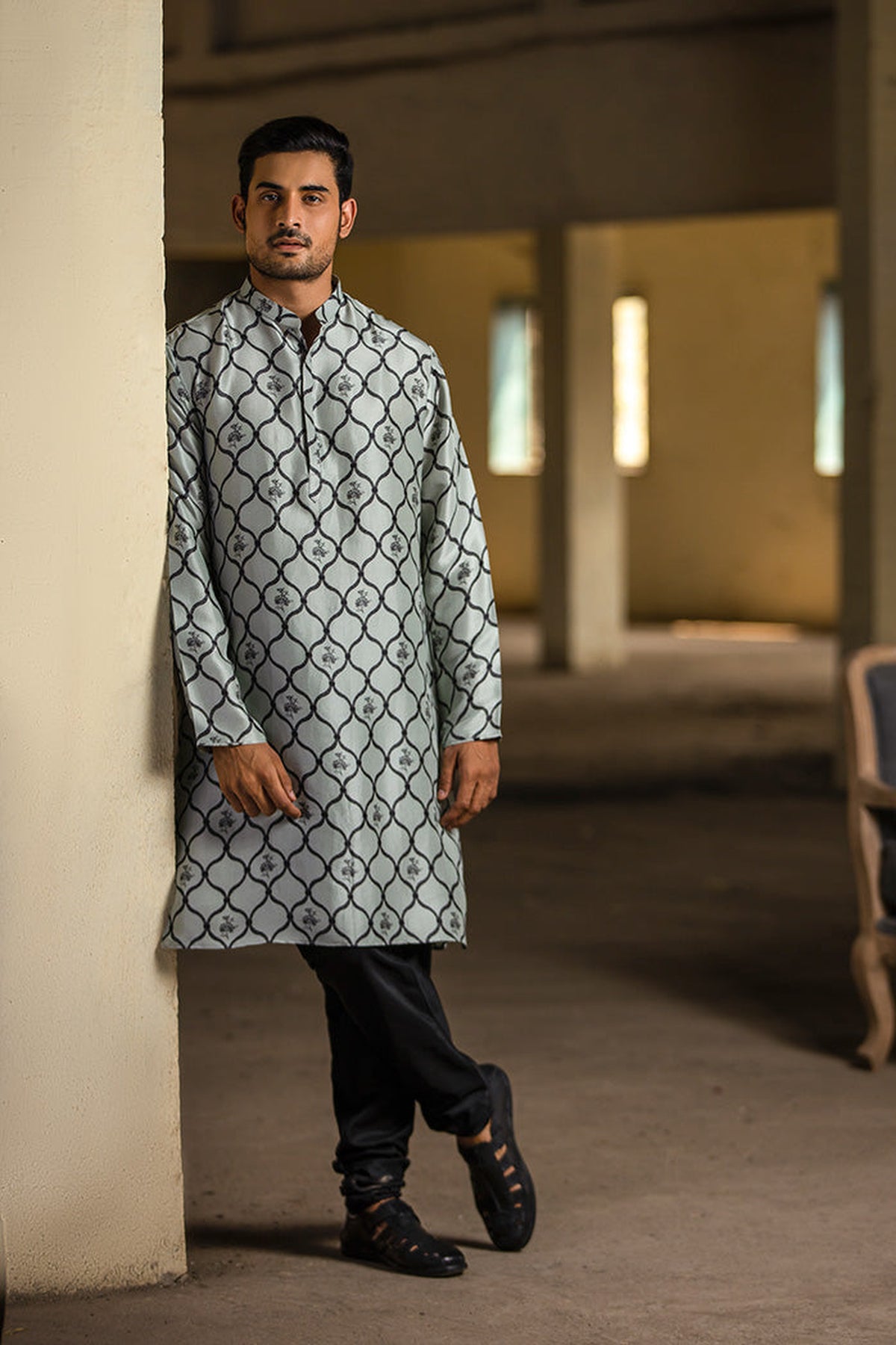 POWDER BLUE PRINTED SILK KURTA WITH BLACK COTTON SILK CHURIDAR