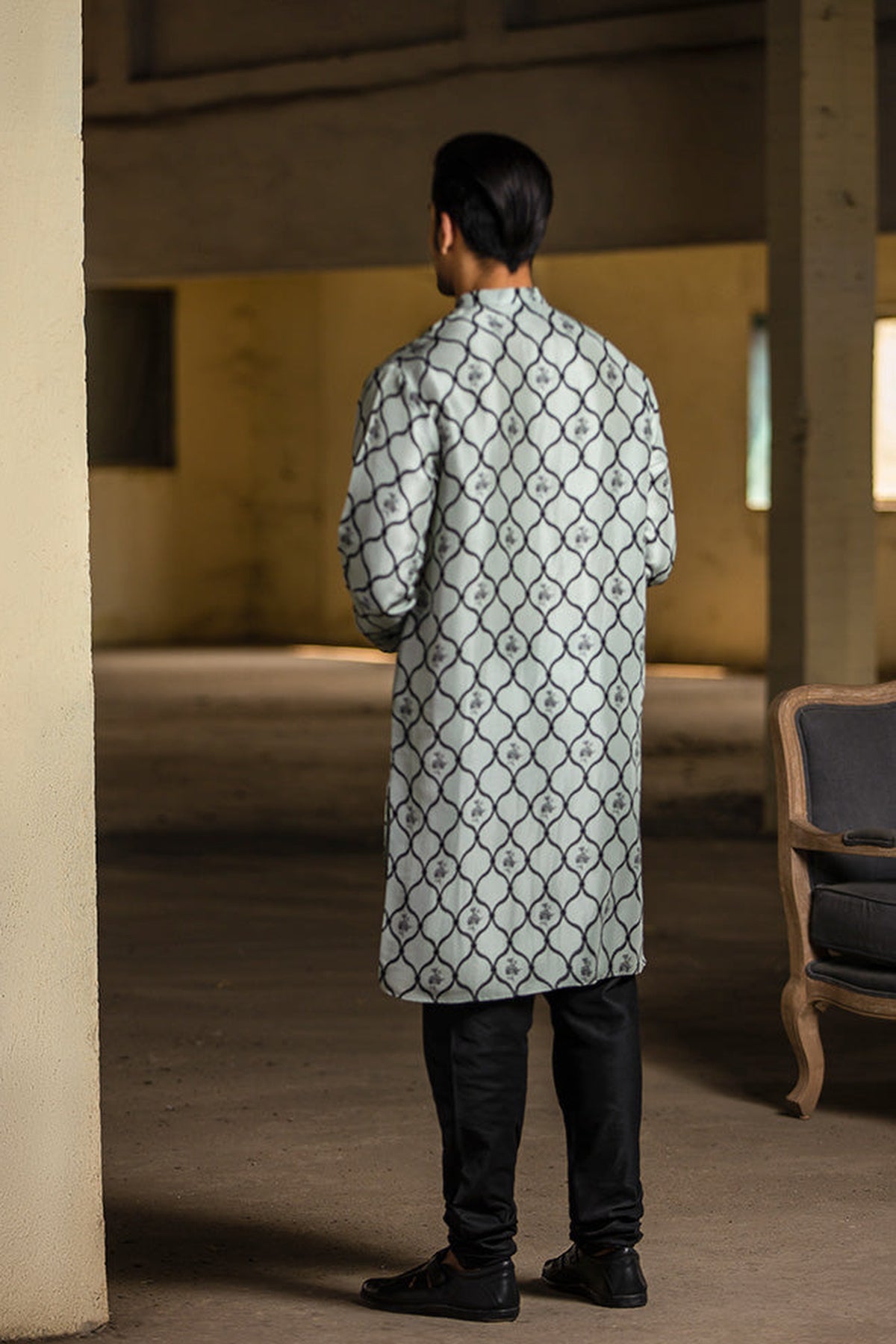 POWDER BLUE PRINTED SILK KURTA WITH BLACK COTTON SILK CHURIDAR