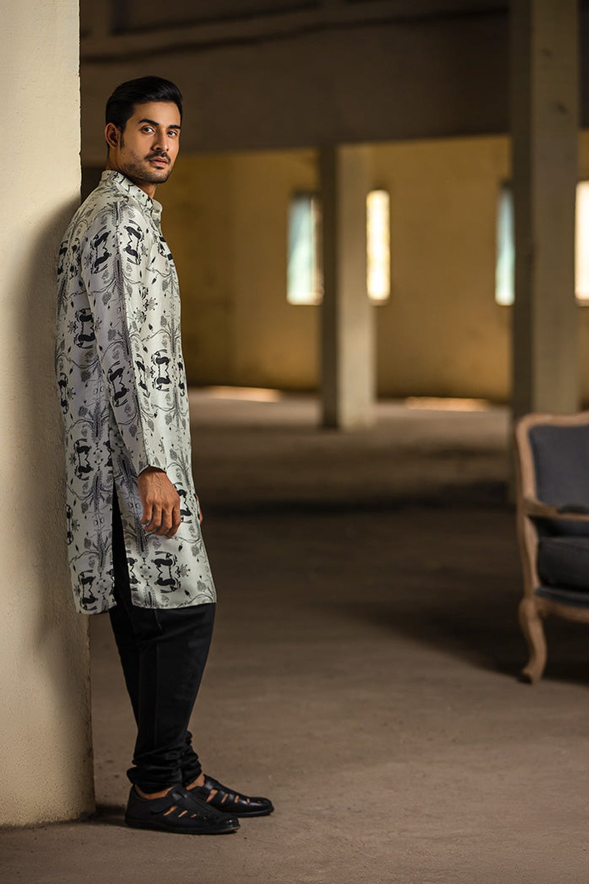STONE PRINTED SILK KURTA WITH BLACK COTTON SILK CHURIDAR
