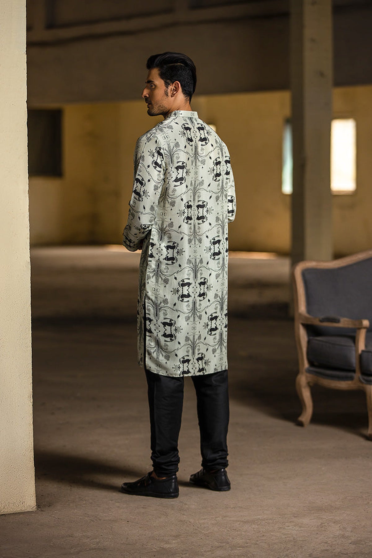 STONE PRINTED SILK KURTA WITH BLACK COTTON SILK CHURIDAR