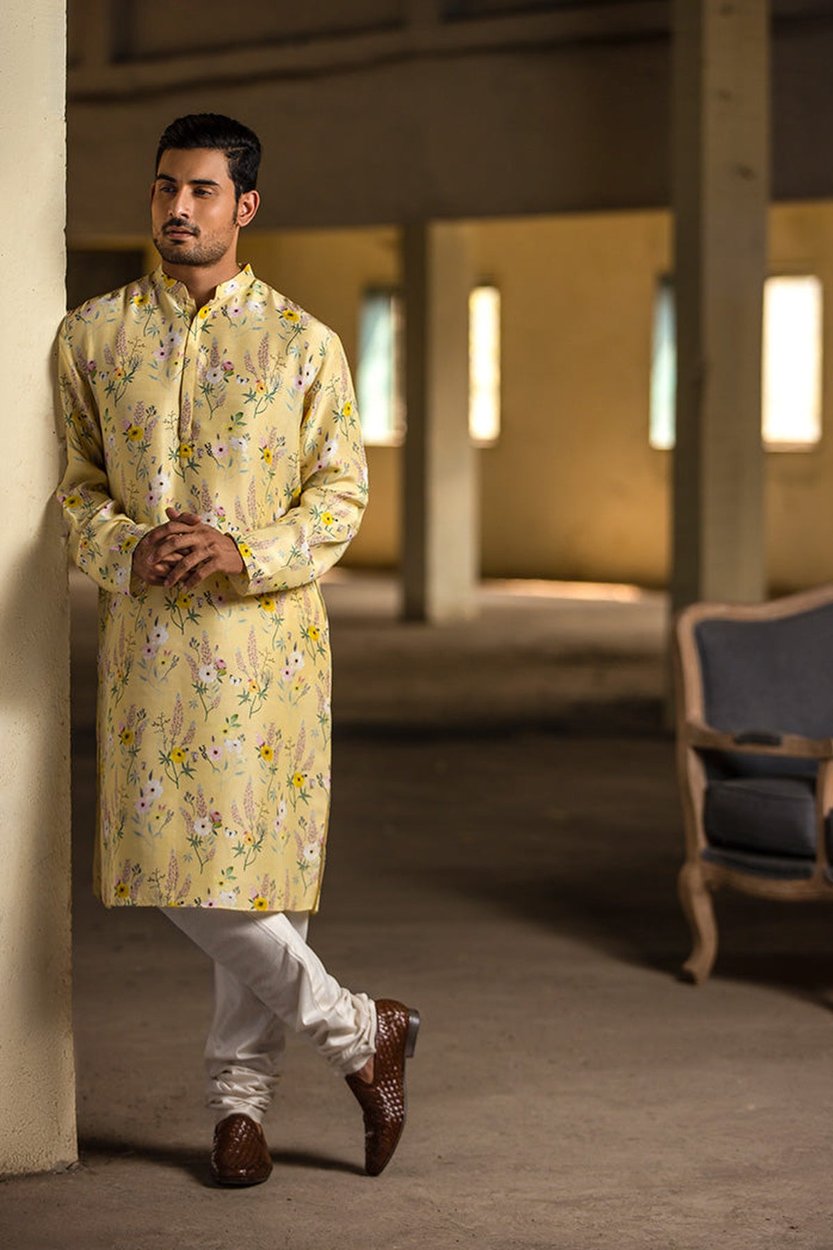 YELLOW PRINTED SILK KURTA WITH OFF WHITE COTTON SILK CHURIDAR