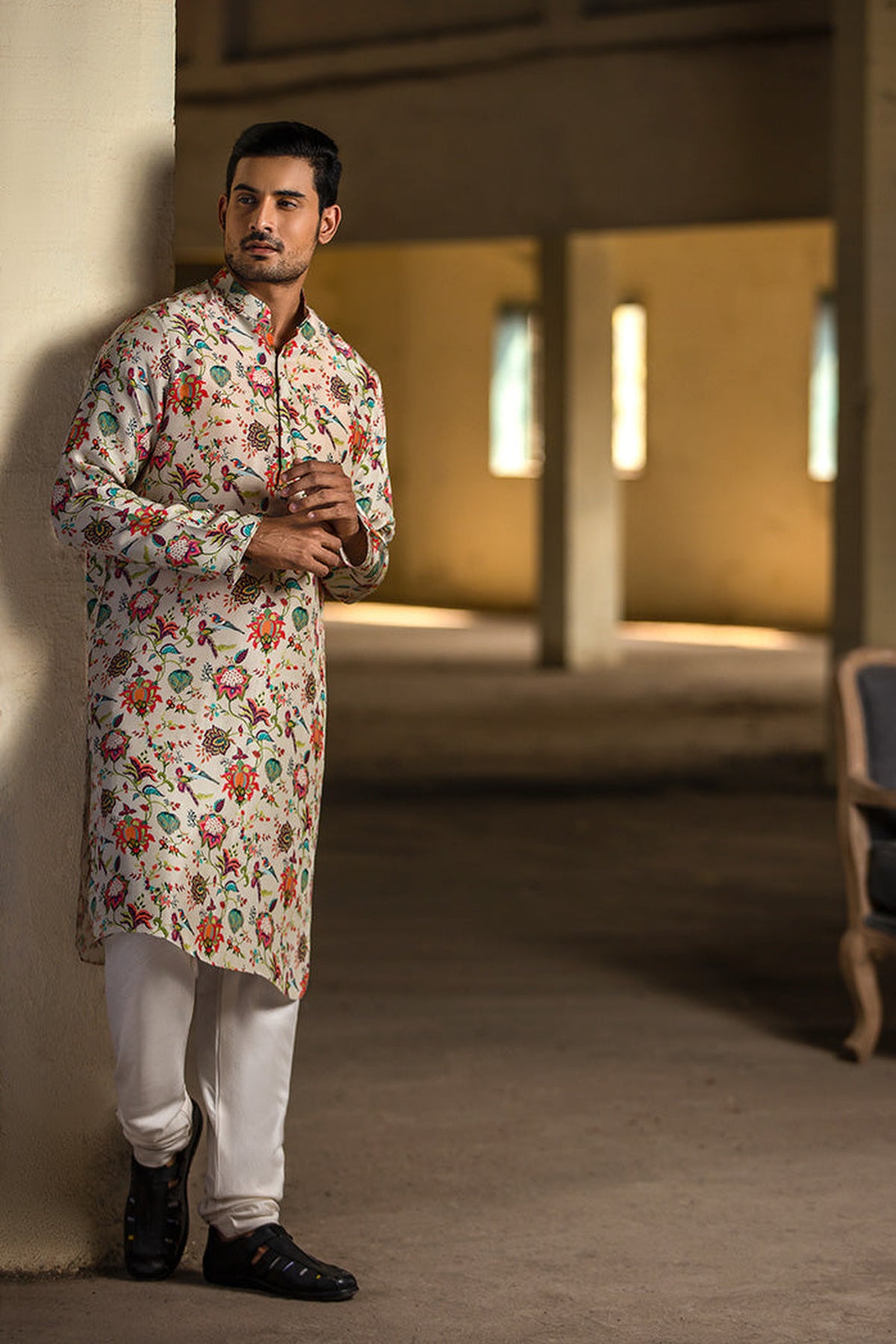 KHAKI PRINTED SILK KURTA WITH OFF WHITE COTTON SILK CHURIDAR