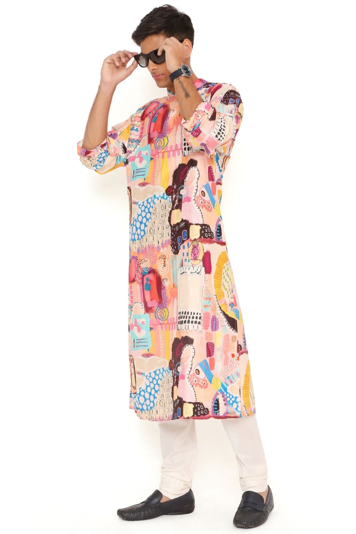 TRANCE PRINT DUPION SILK KURTA WITH OFF WHITE COTTON SILK CHURIDAR