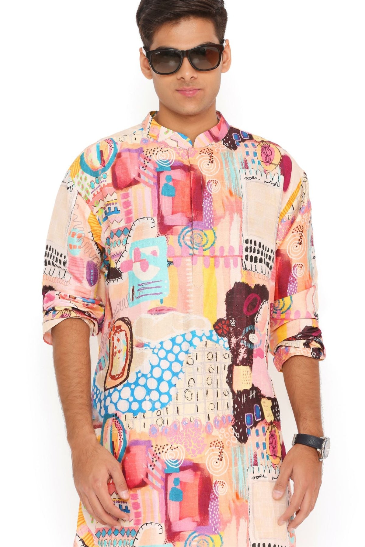 TRANCE PRINT DUPION SILK KURTA WITH OFF WHITE COTTON SILK CHURIDAR