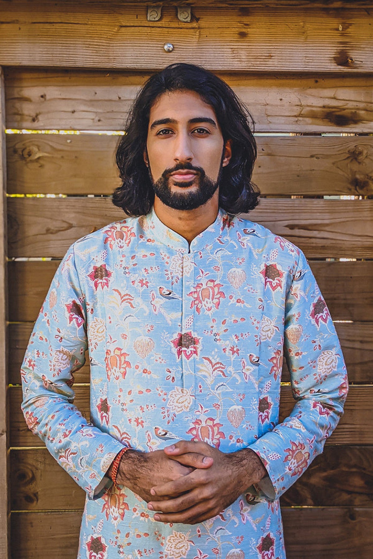 AQUA CHIDIYA PRINT DUPION SILK KURTA WITH OFF WHITE COTTON SILK CHURIDAR