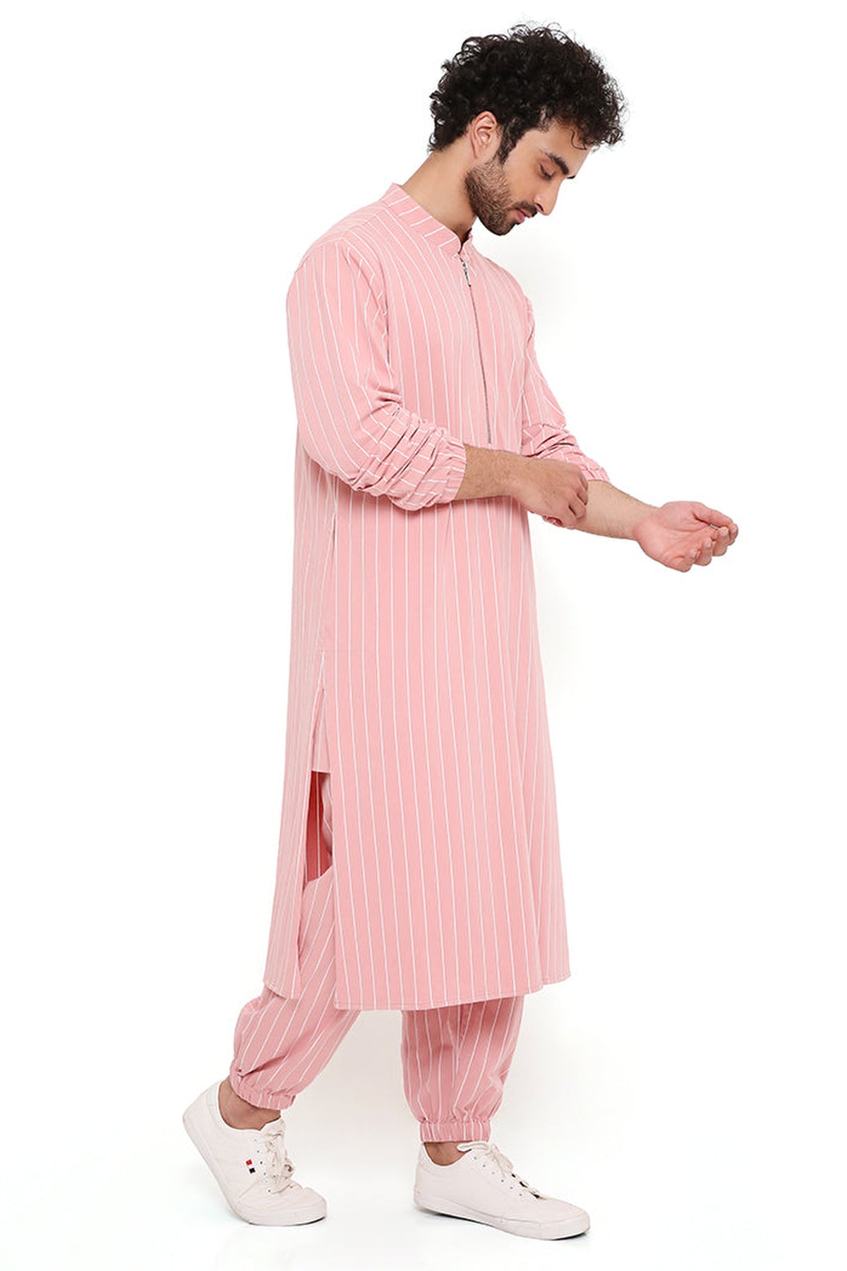 ROSE PINK STRIPE LYCRA BOMBER KURTA WITH JOGGER PANT