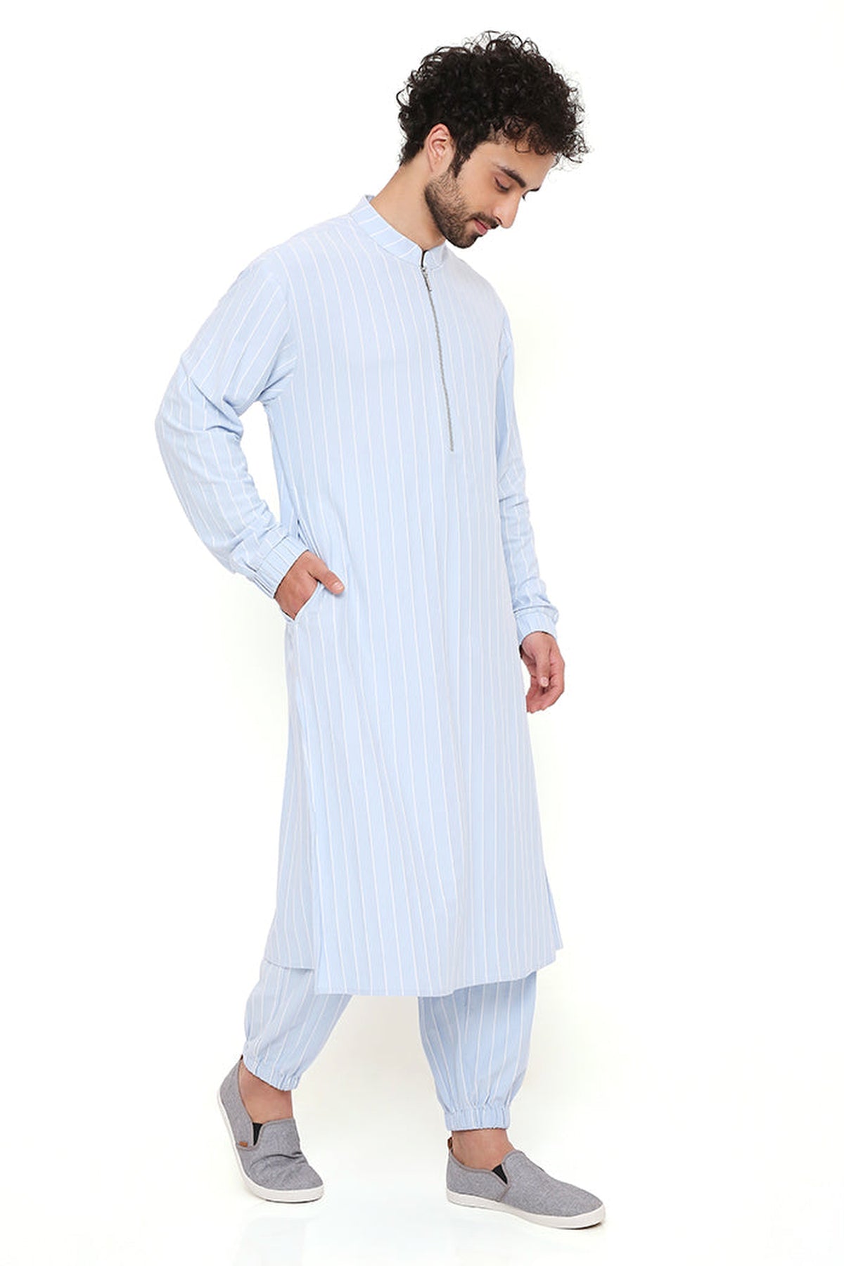 AQUA BLUE STRIPE LYCRA BOMBER KURTA WITH JOGGER PANT