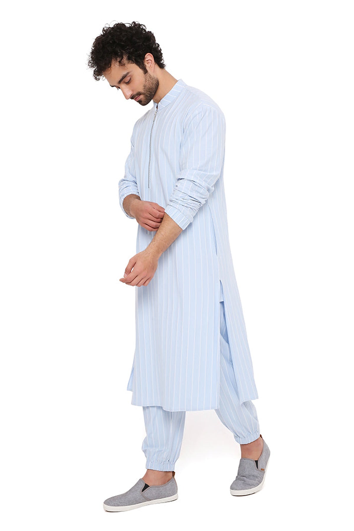 AQUA BLUE STRIPE LYCRA BOMBER KURTA WITH JOGGER PANT