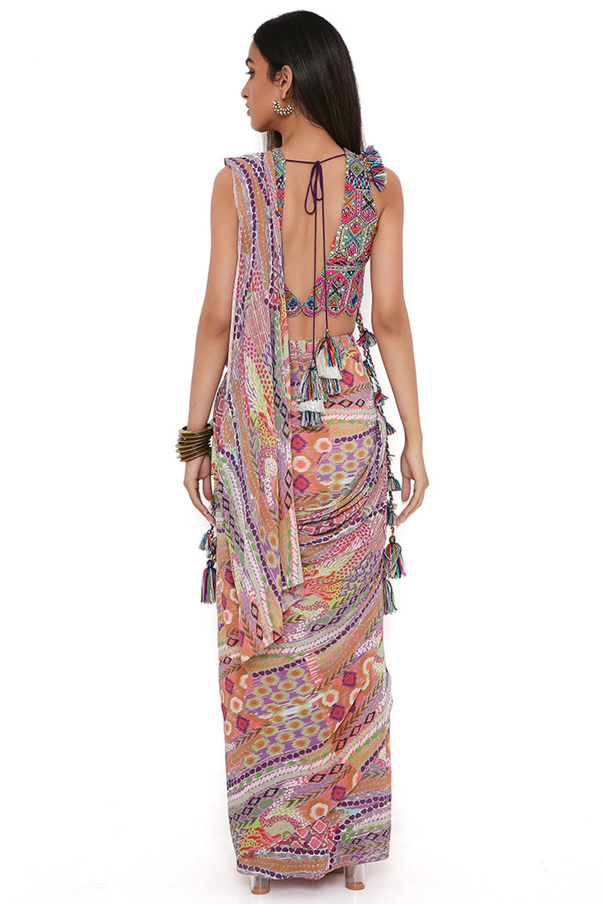 PURPLE GEORGETTE EMBROIDERED CHOLI WITH AFRICAN PRINT GEORGETTE PRE-STITCHED SAREE