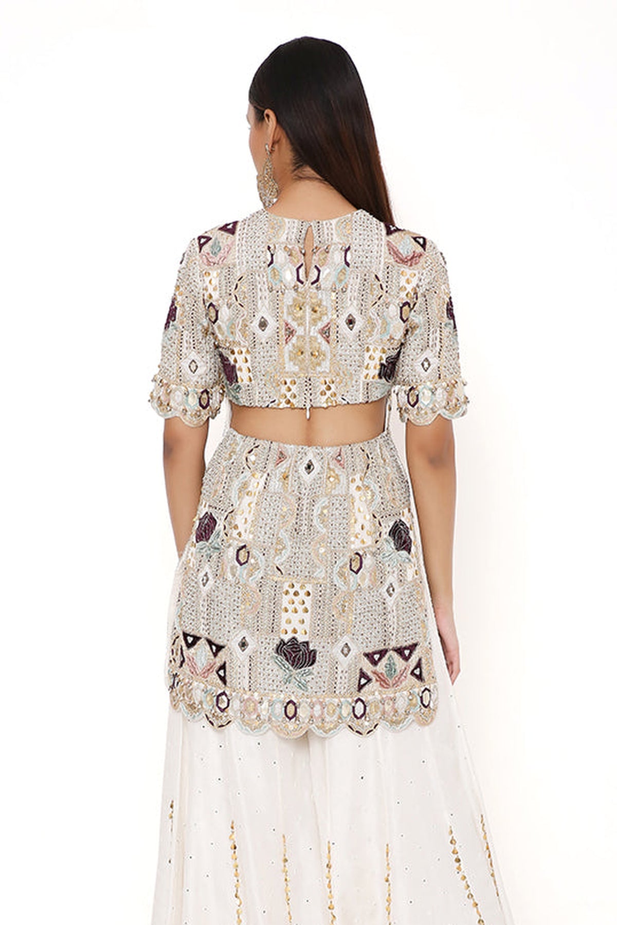 NAVYA OFF WHITE GEORGETTE EMBROIDERED KURTA AND ABLA SILK SHARARA WITH NET MUKAISH DUPATTA
