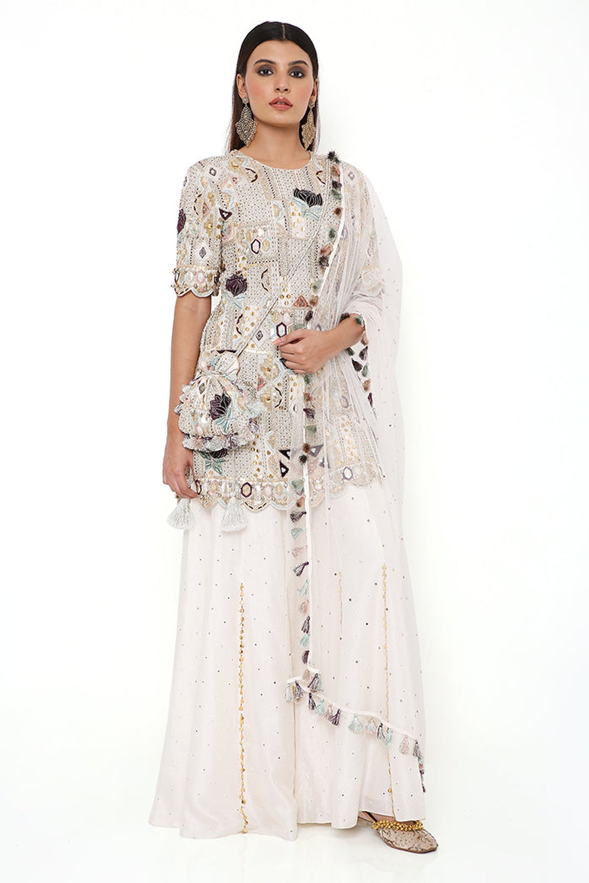 NAVYA OFF WHITE GEORGETTE EMBROIDERED KURTA AND ABLA SILK SHARARA WITH NET MUKAISH DUPATTA