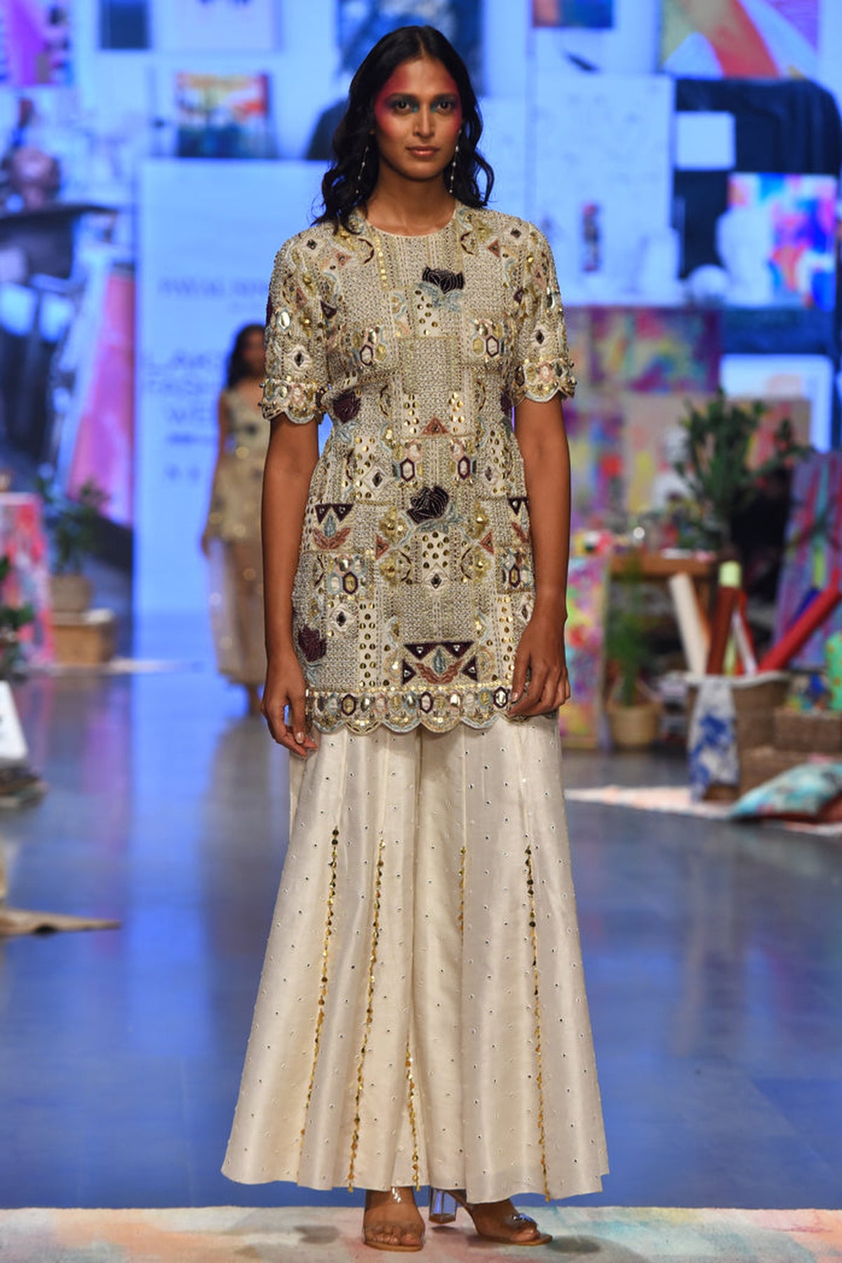 NAVYA OFF WHITE GEORGETTE EMBROIDERED KURTA AND ABLA SILK SHARARA WITH NET MUKAISH DUPATTA