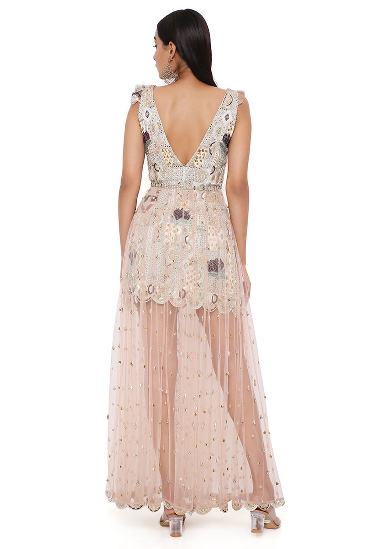 MIRAI OFF WHITE GEORGETTE EMBROIDERED DRESS WITH ROSE PINK TULLE NET SKIRT