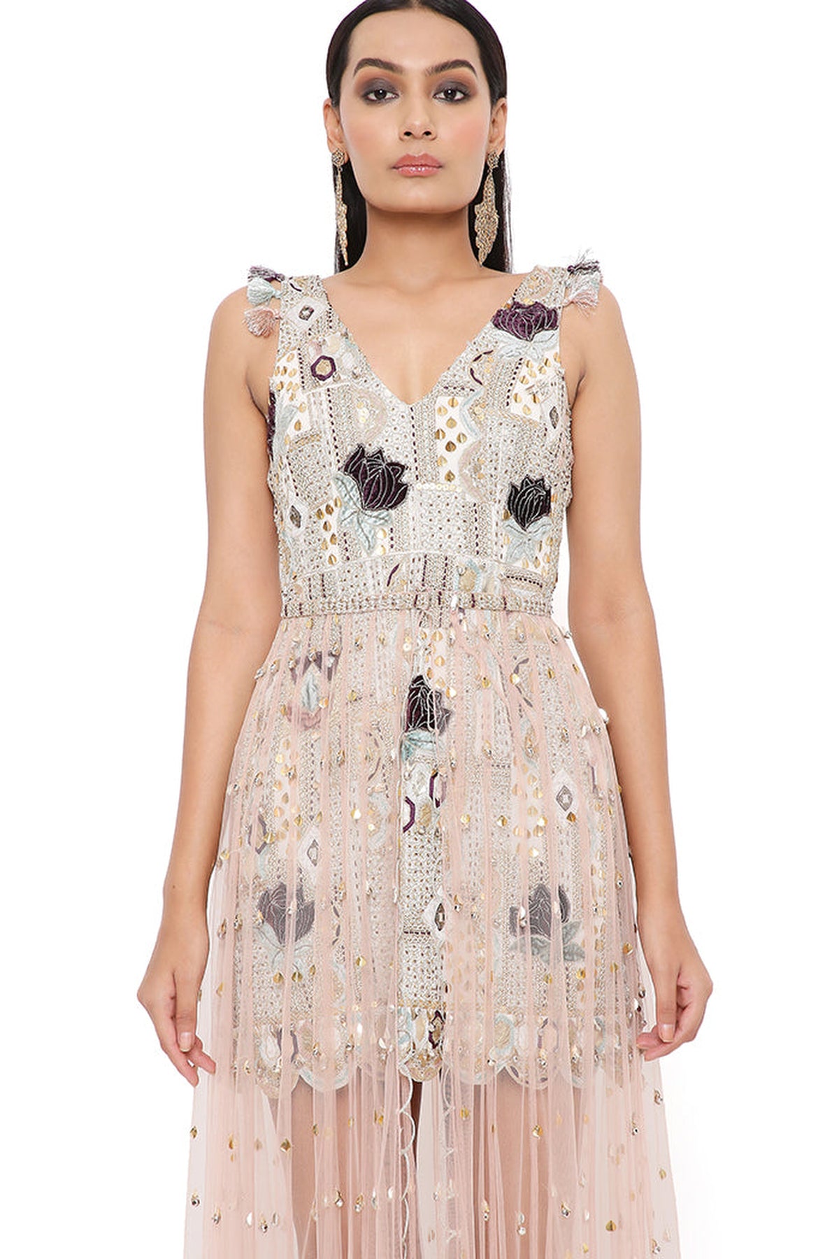 MIRAI OFF WHITE GEORGETTE EMBROIDERED DRESS WITH ROSE PINK TULLE NET SKIRT