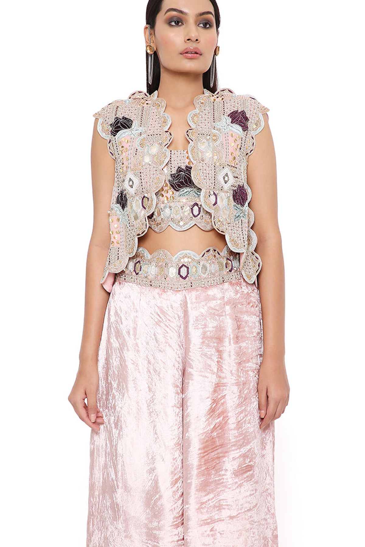 JIYA ROSE PINK GEORGETTE EMBROIDERED SCALLOP JACKET WITH FRONT EMBROIDERED BUSTIER AND PALAZZO