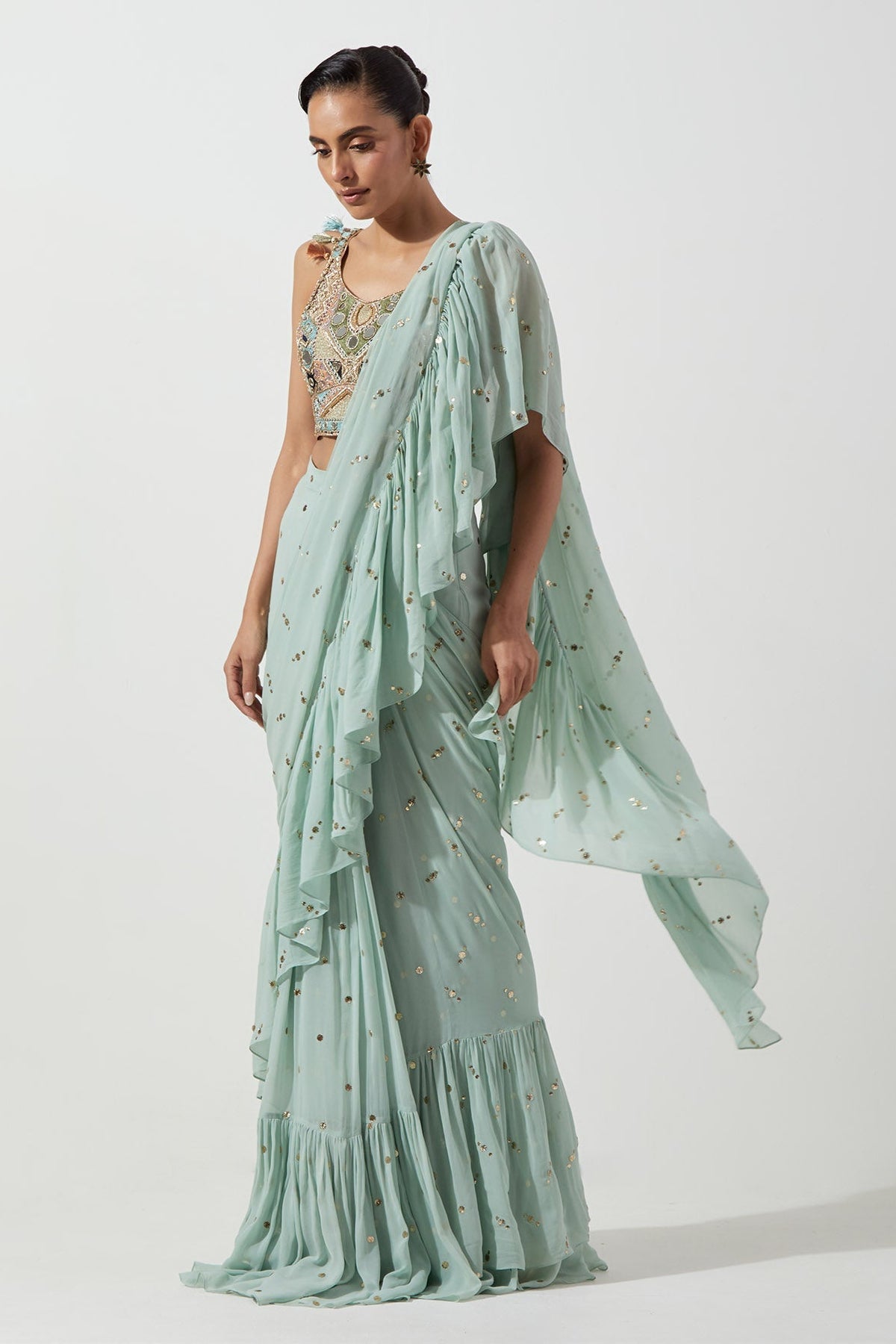 Seafoam Embroidered Choli And Pre-Stitched Frill Saree