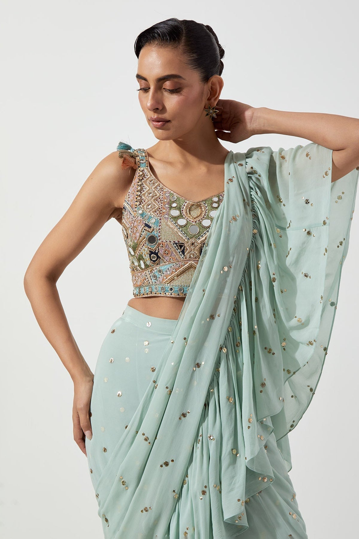 Seafoam Embroidered Choli And Pre-Stitched Frill Saree