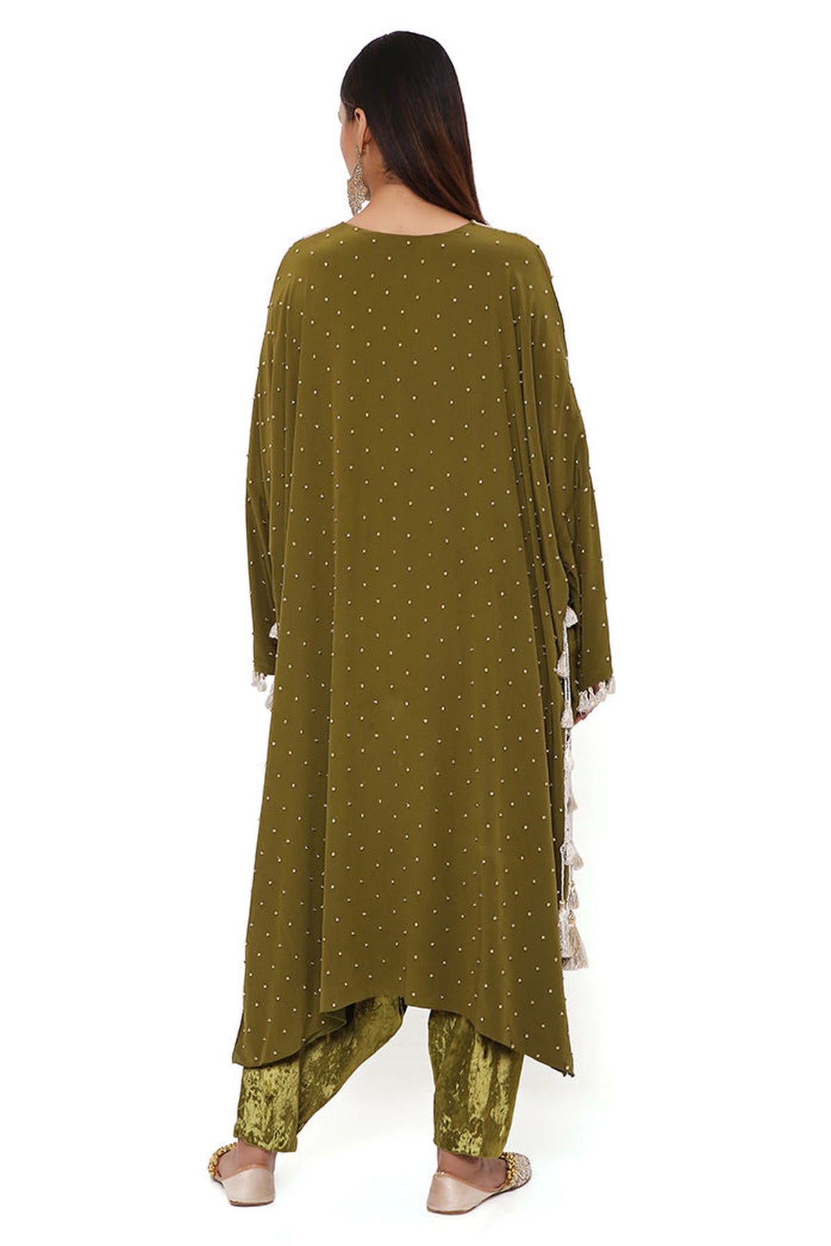 SHIRIN OLIVE CREPE EMBROIDERED HIGH LOW KAFTAN AND VELVET LOW CROTCH PANTS