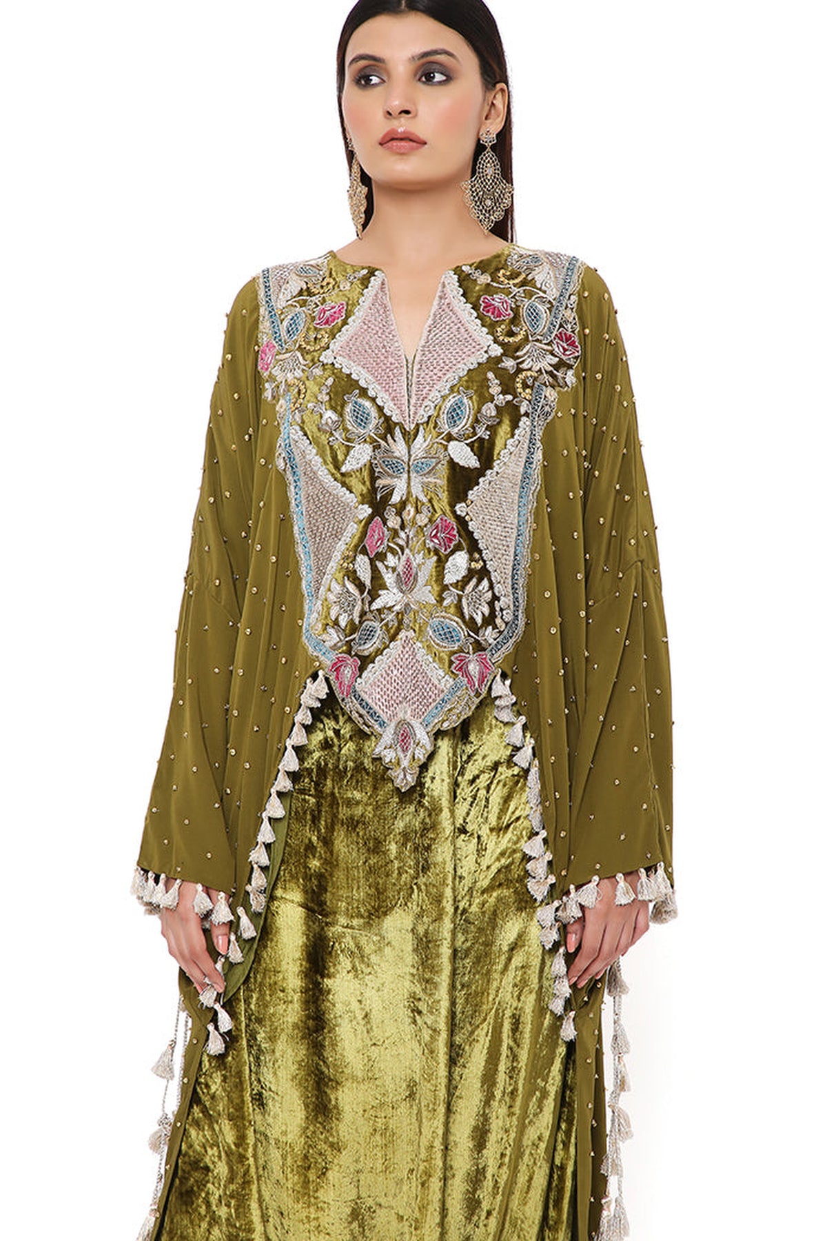 SHIRIN OLIVE CREPE EMBROIDERED HIGH LOW KAFTAN AND VELVET LOW CROTCH PANTS