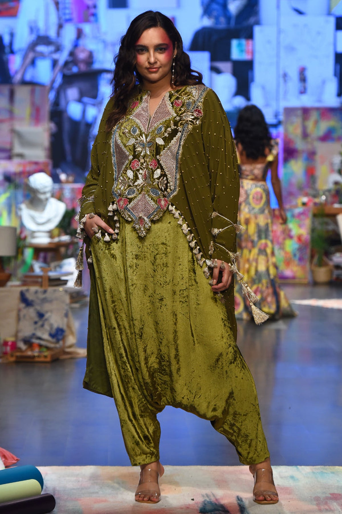 SHIRIN OLIVE CREPE EMBROIDERED HIGH LOW KAFTAN AND VELVET LOW CROTCH PANTS