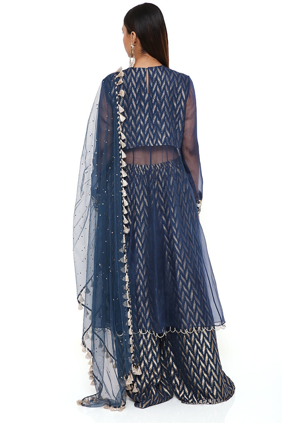 NOORA NAVY ORGANZA EMBROIDERED YOKE ANARKALI WITH BANARASI GEORGETTE PALAZZO AND DUPATTA