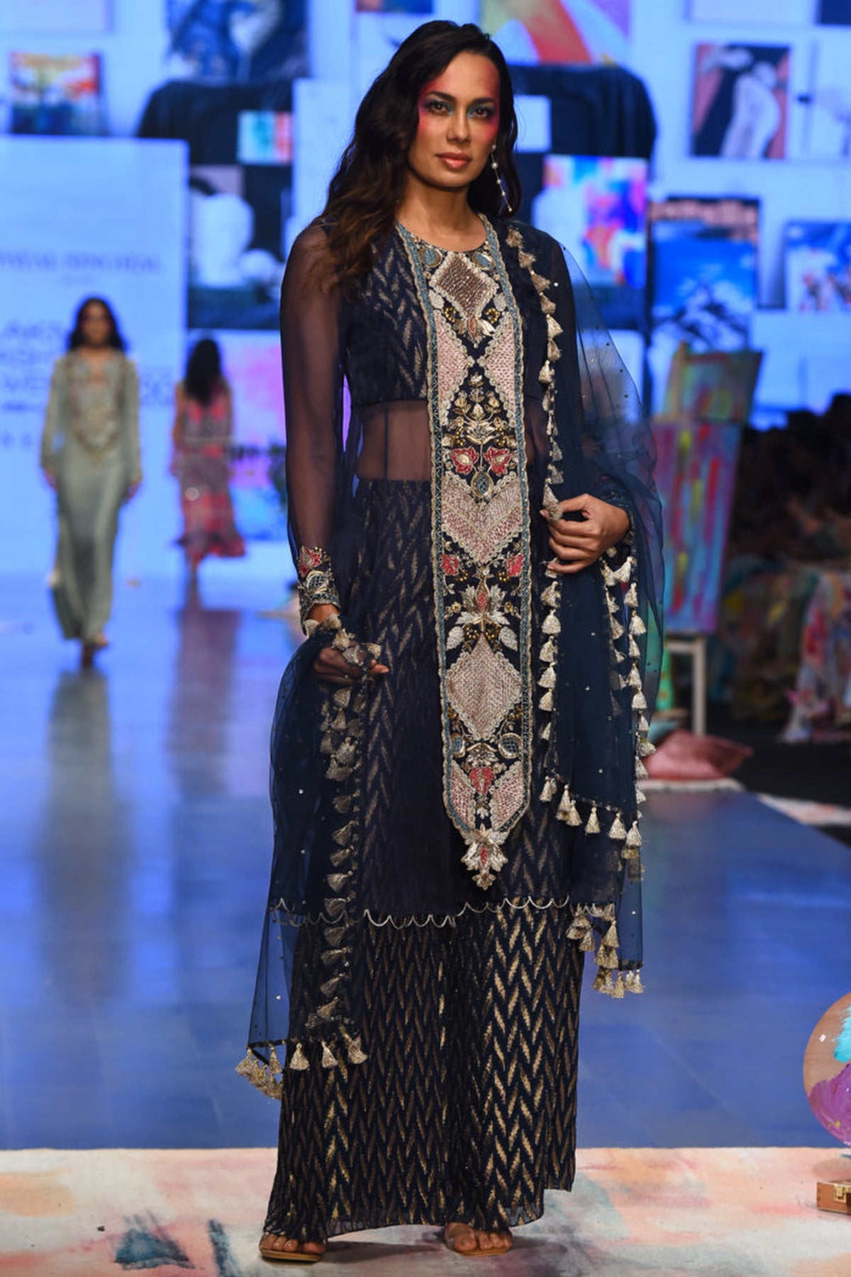 NOORA NAVY ORGANZA EMBROIDERED YOKE ANARKALI WITH BANARASI GEORGETTE PALAZZO AND DUPATTA