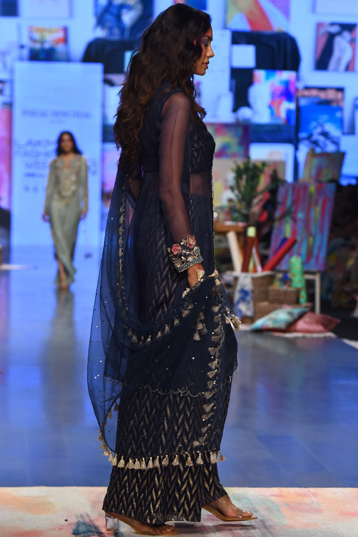 NOORA NAVY ORGANZA EMBROIDERED YOKE ANARKALI WITH BANARASI GEORGETTE PALAZZO AND DUPATTA
