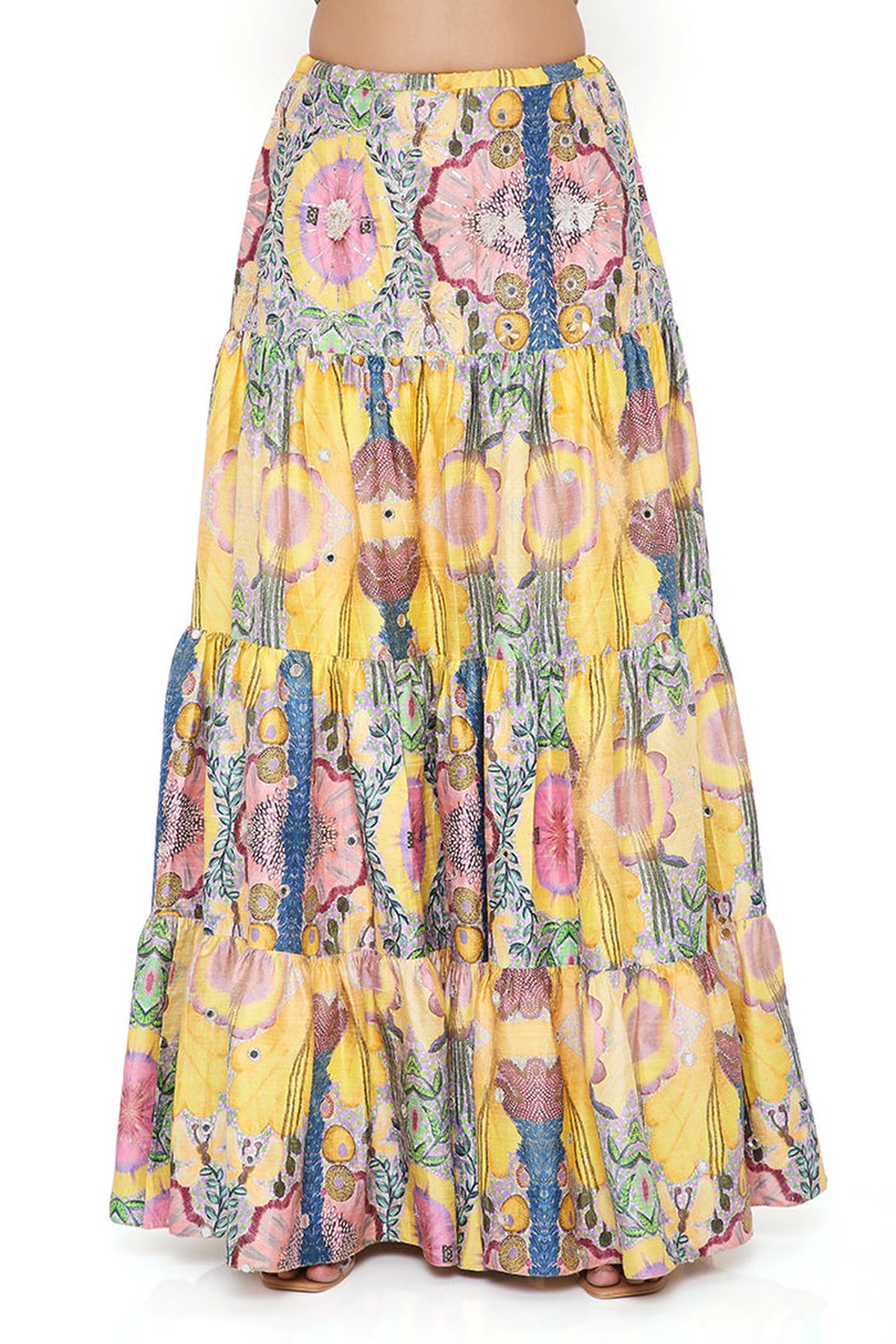 ALICE YELLOW ENCHANTED PRINT DUPION SILK EMBROIDERED BUSTIER AND SKIRT