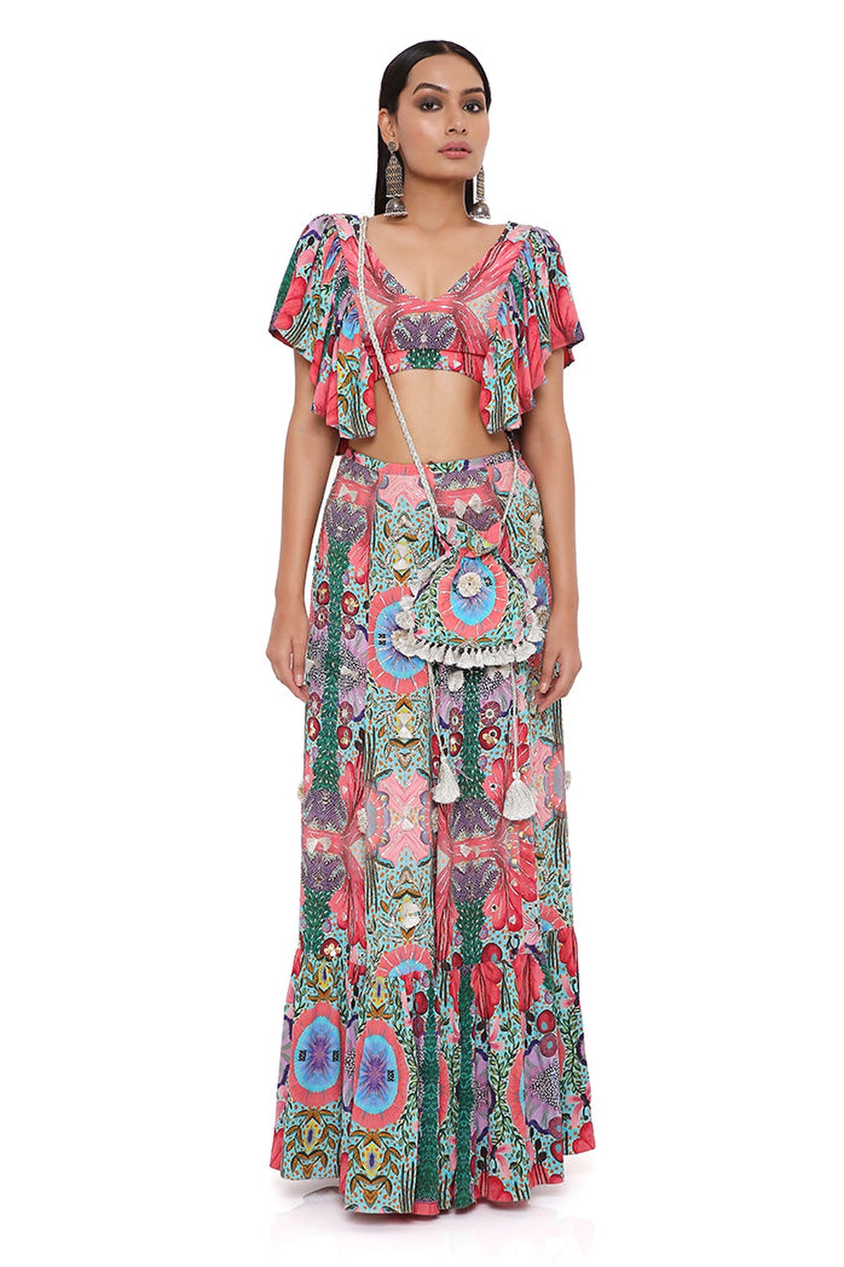 NOELLE RED ENCHANTED PRINT CREPE EMBROIDERED TOP WITH A FRILL SKIRT
