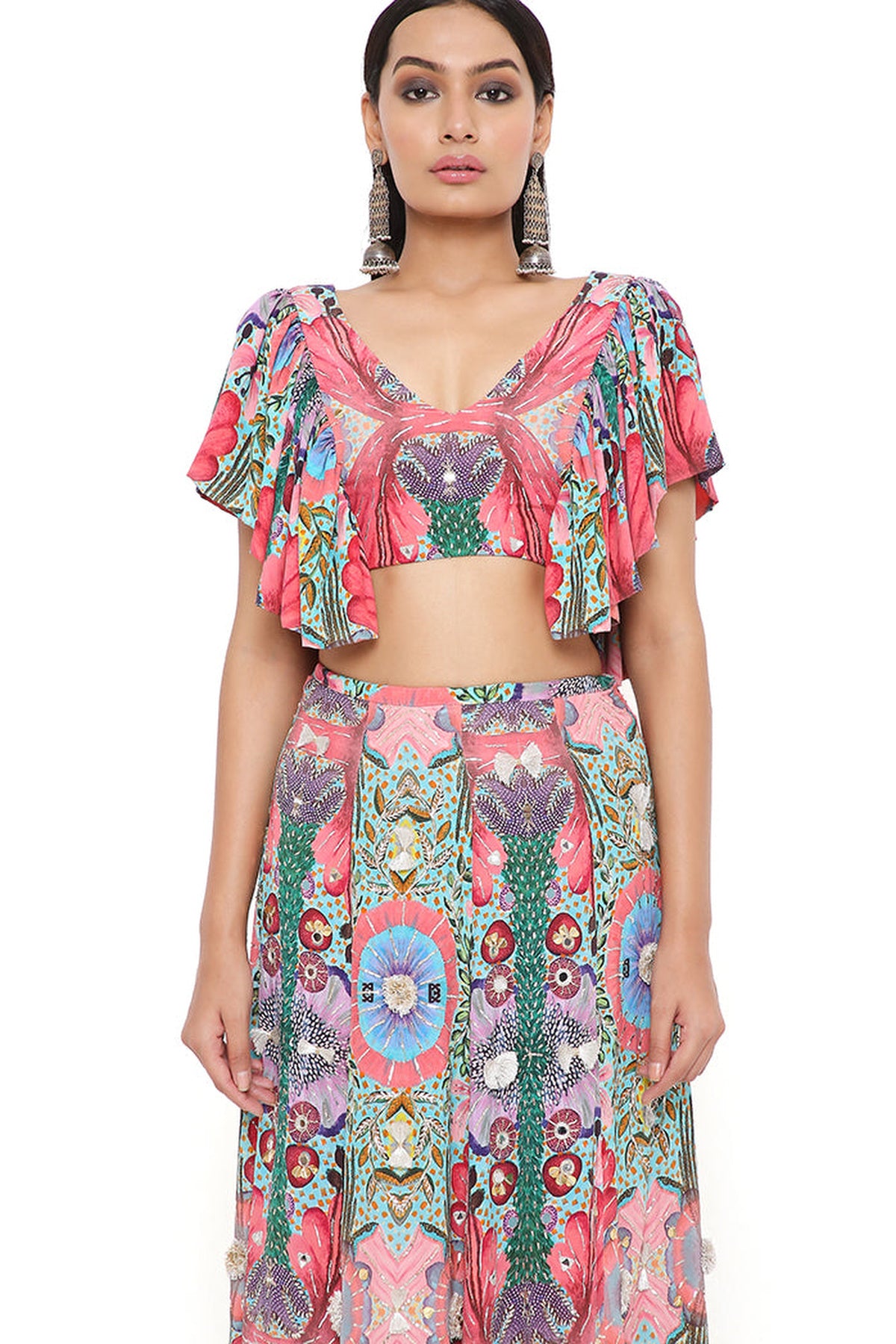 NOELLE RED ENCHANTED PRINT CREPE EMBROIDERED TOP WITH A FRILL SKIRT