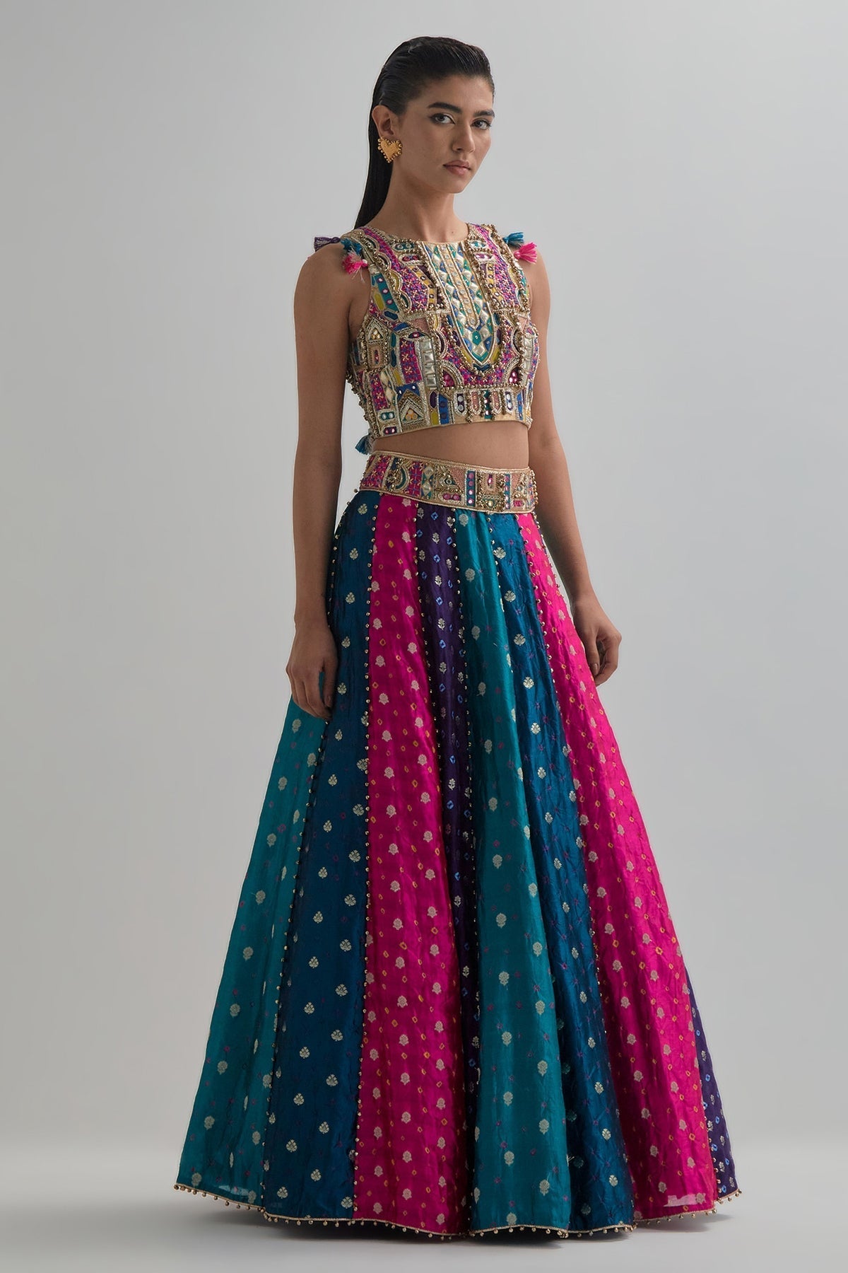 Resa Gold Tissue Embroidered Choli And Multi Colour Bandhani Lehengha