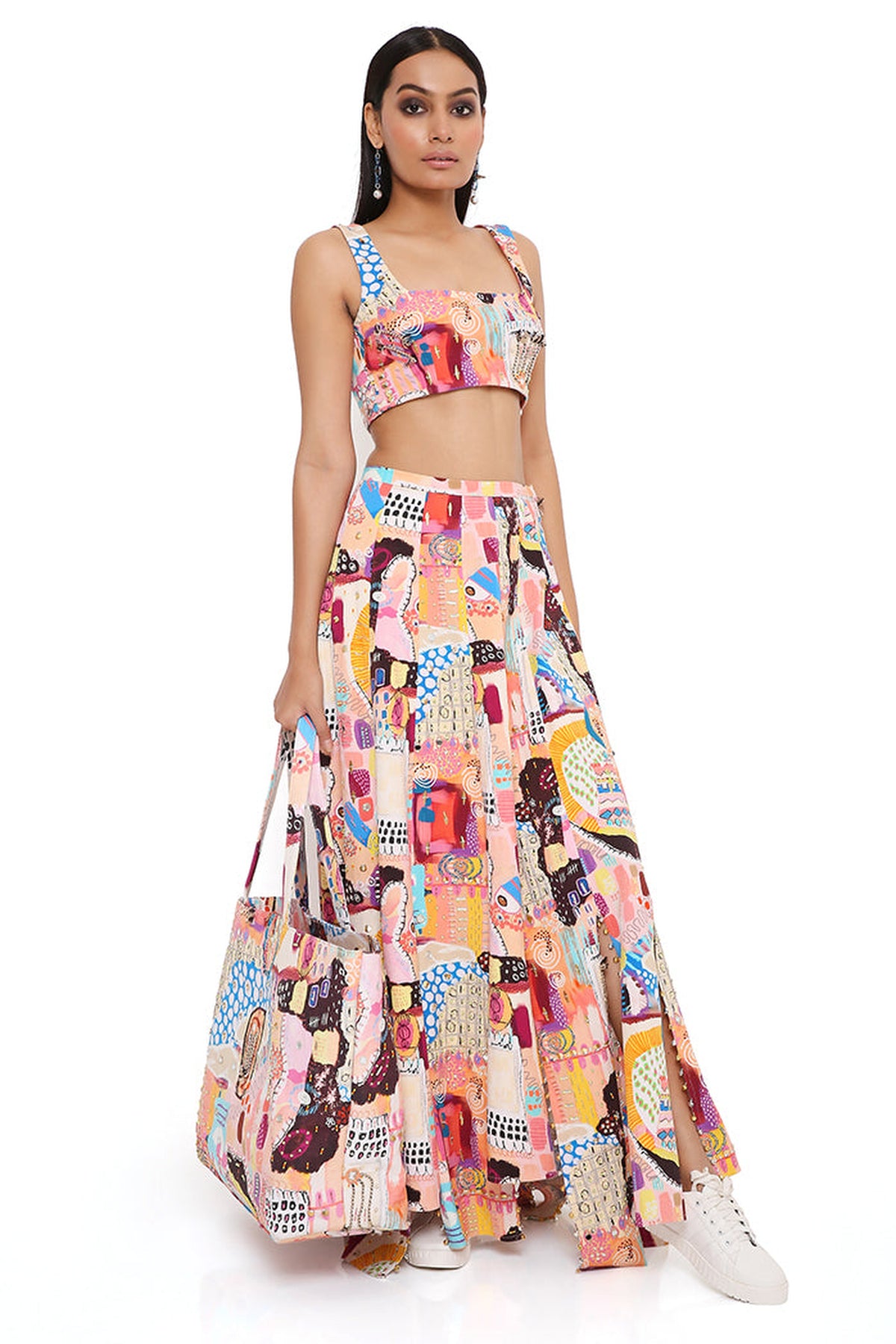 ALECIA TRANCE PRINT DENIM TOP WITH A HIGH LOW SKIRT