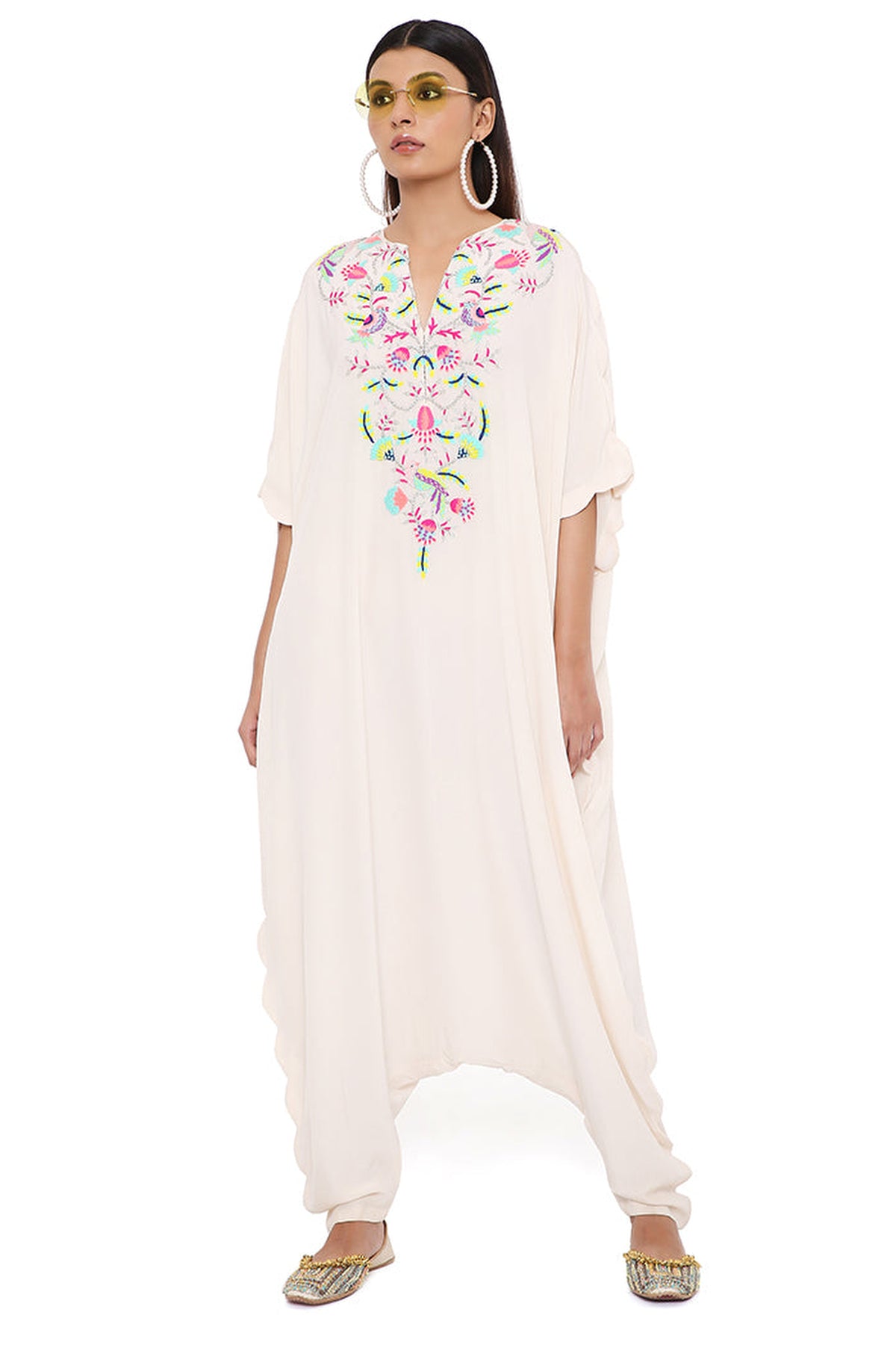 KARA STONE CREPE EMBROIDERED JUMPSUIT WITH SCALLOPED EDGES