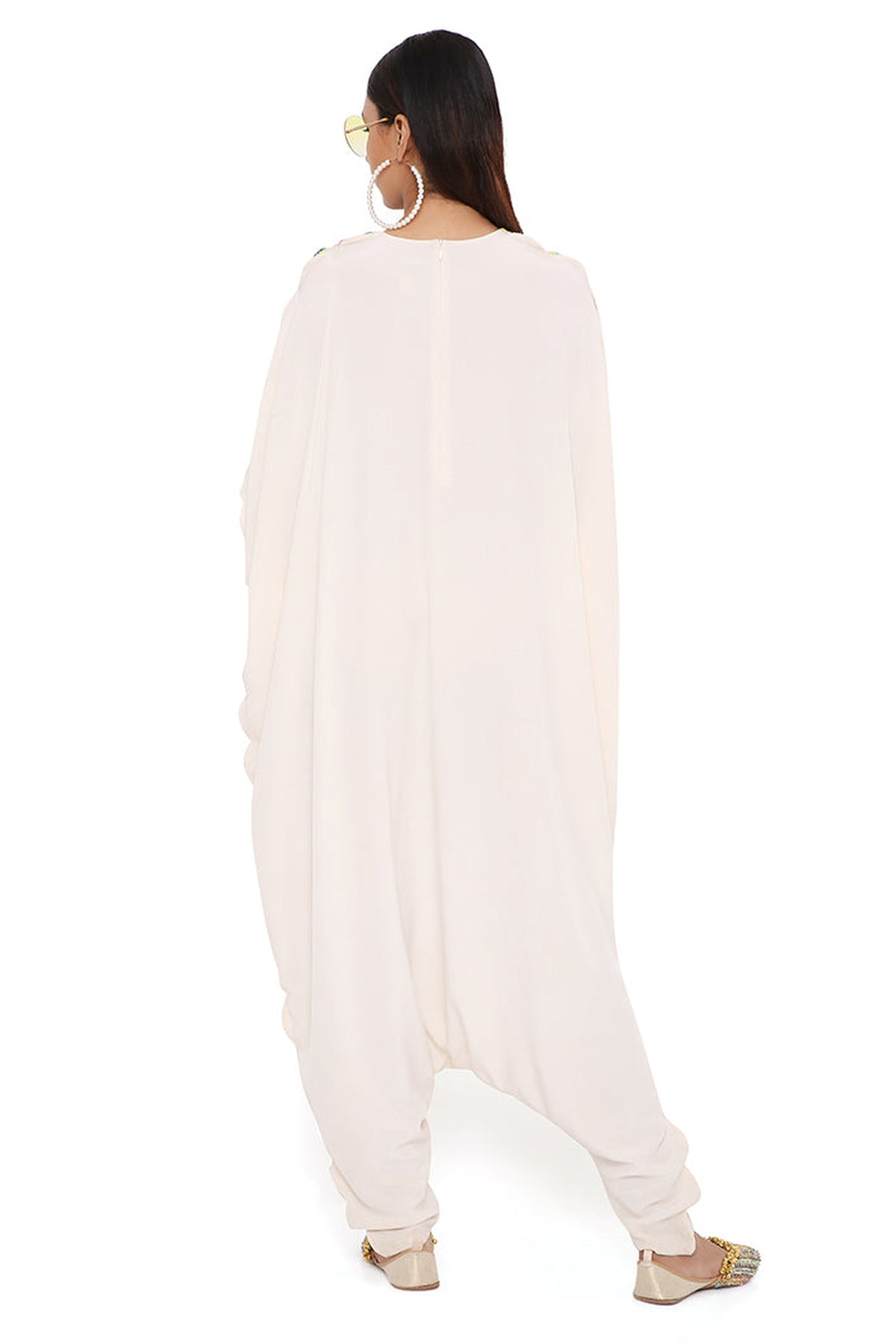 KARA STONE CREPE EMBROIDERED JUMPSUIT WITH SCALLOPED EDGES